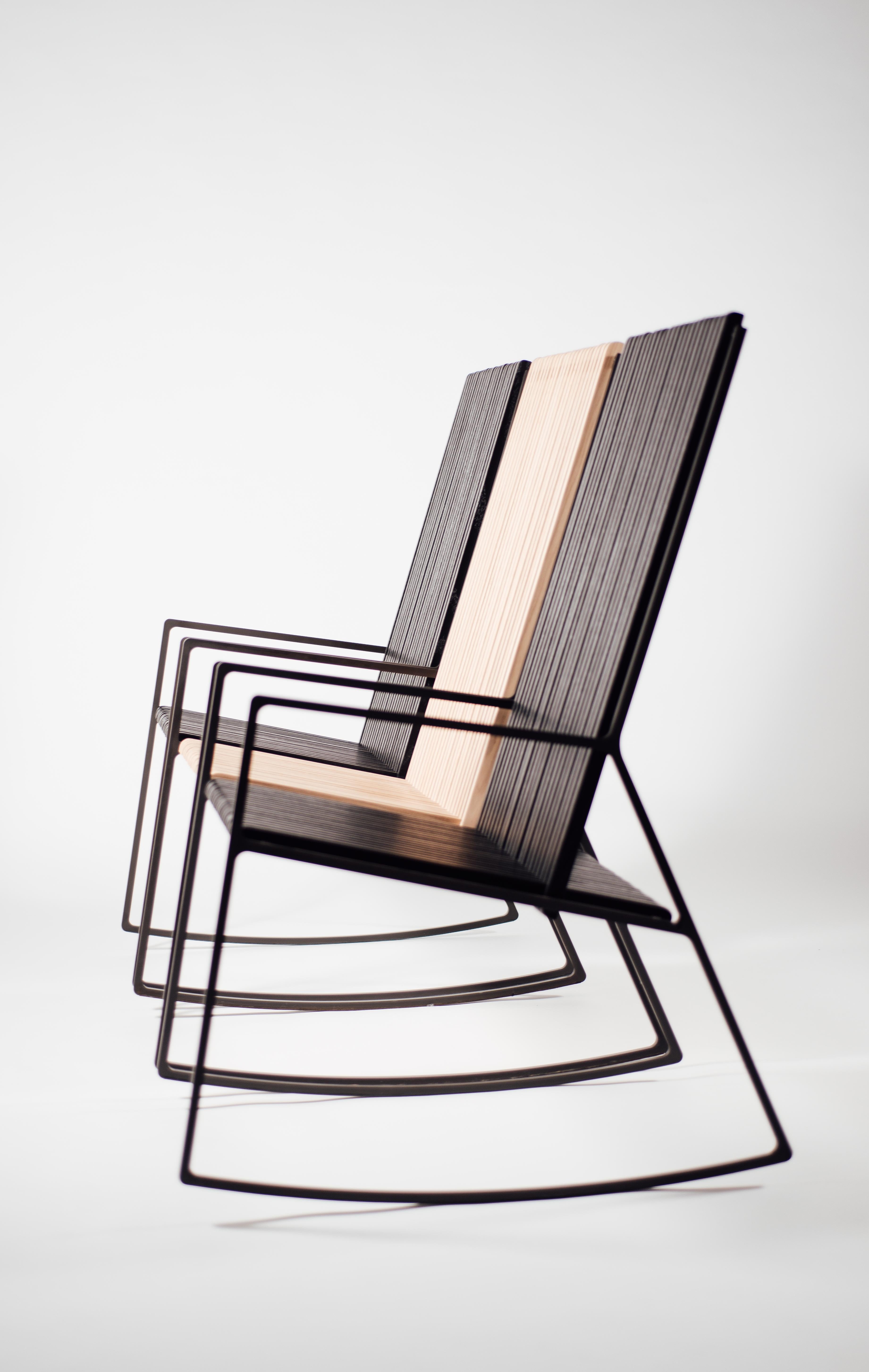 American Rocking Chair in Laser-Cut Blackened Steel and Oiled Oak Slats For Sale