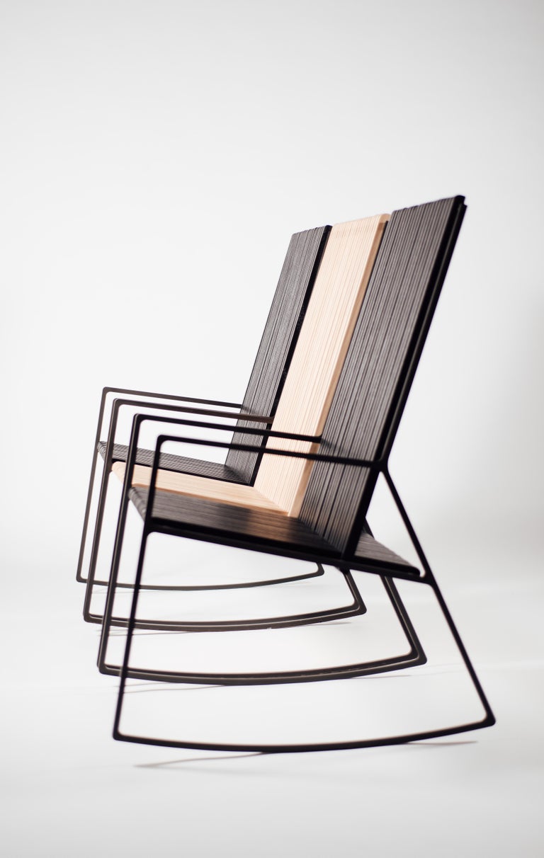 Rocking Chair In Laser Cut Blackened Steel And Oiled Oak Slats For