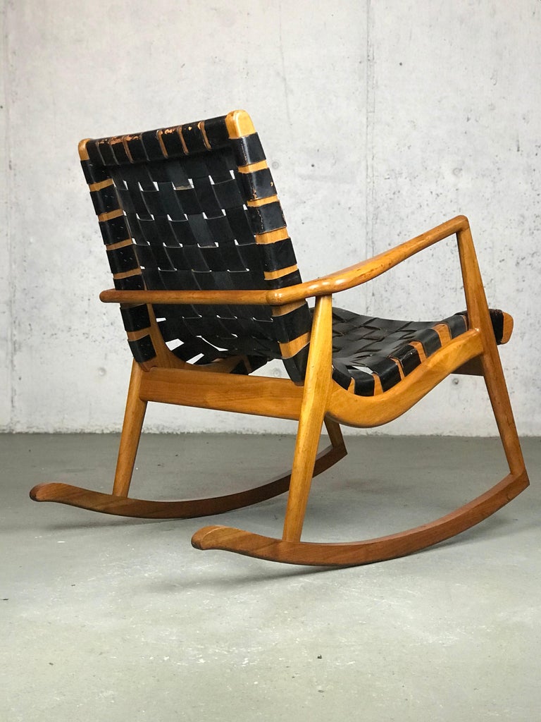 Mid Century Modern Rocking Chair in Leather and Walnut by Mel Smilow at