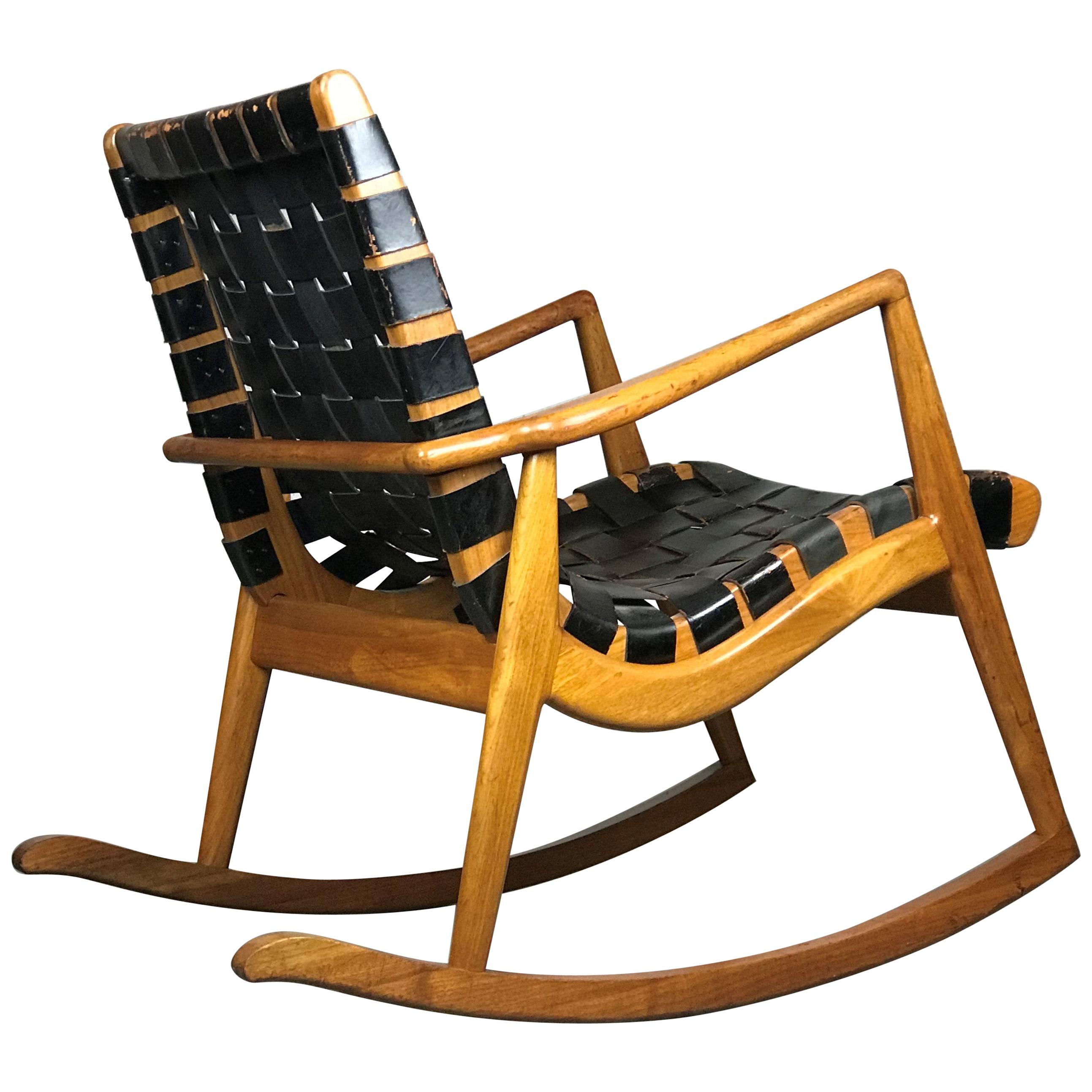 Mid Century Modern Rocking Chair in Leather and Walnut by Mel Smilow