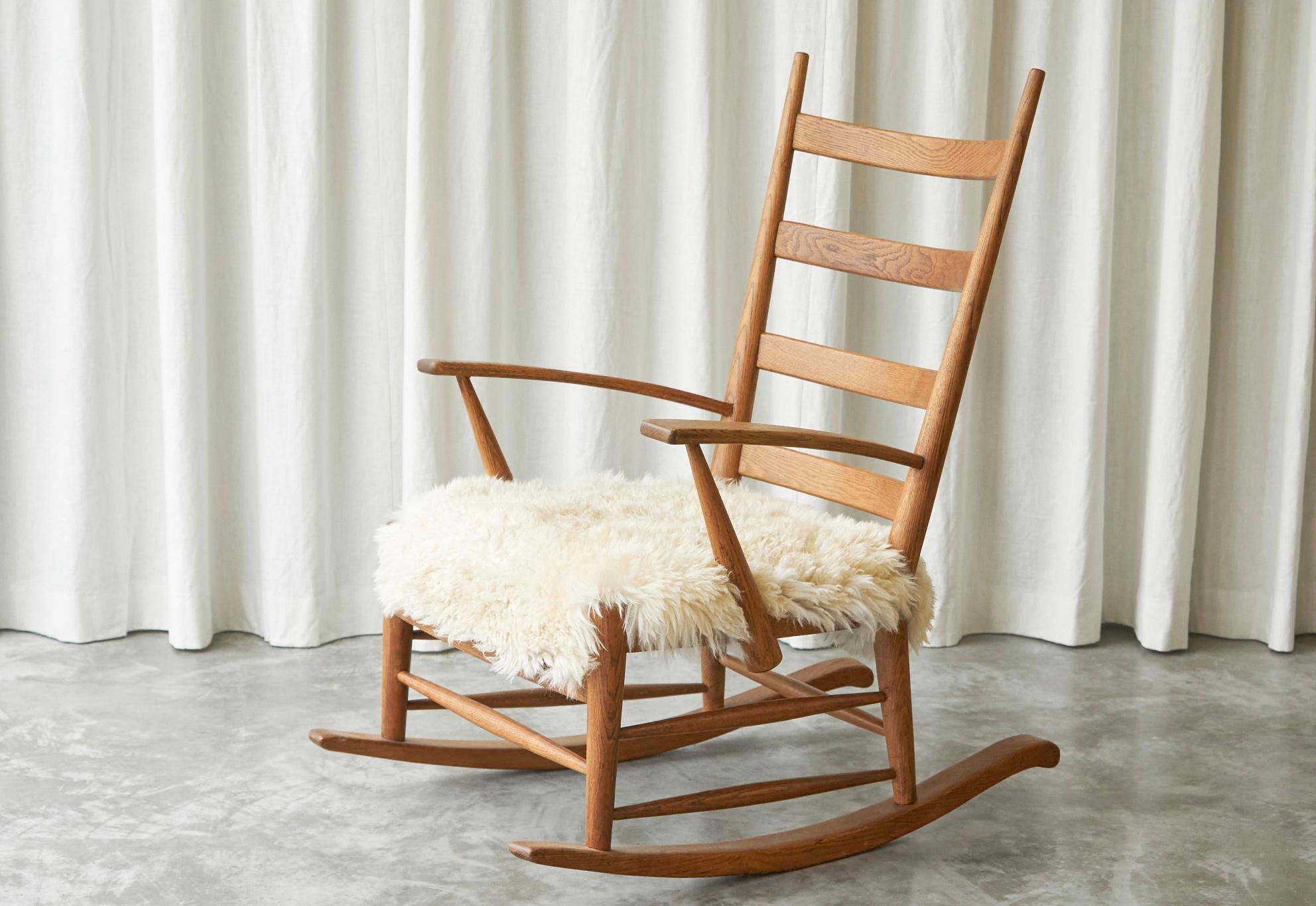 Rocking Chair in Solid Oak and Sheepskin France 1960s For Sale 6