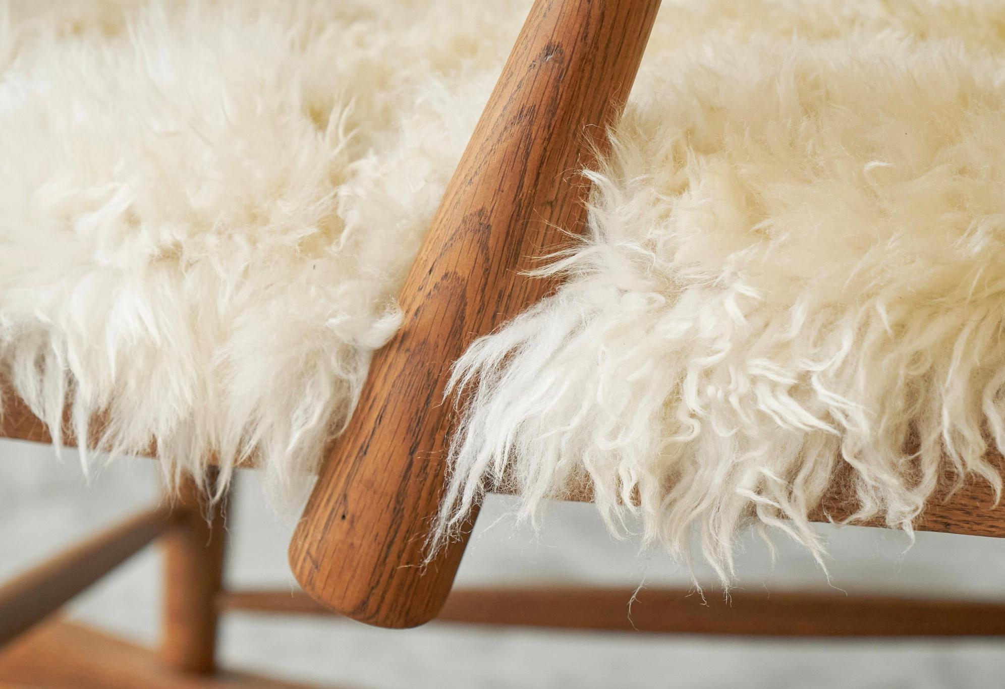 20th Century Rocking Chair in Solid Oak and Sheepskin France 1960s For Sale