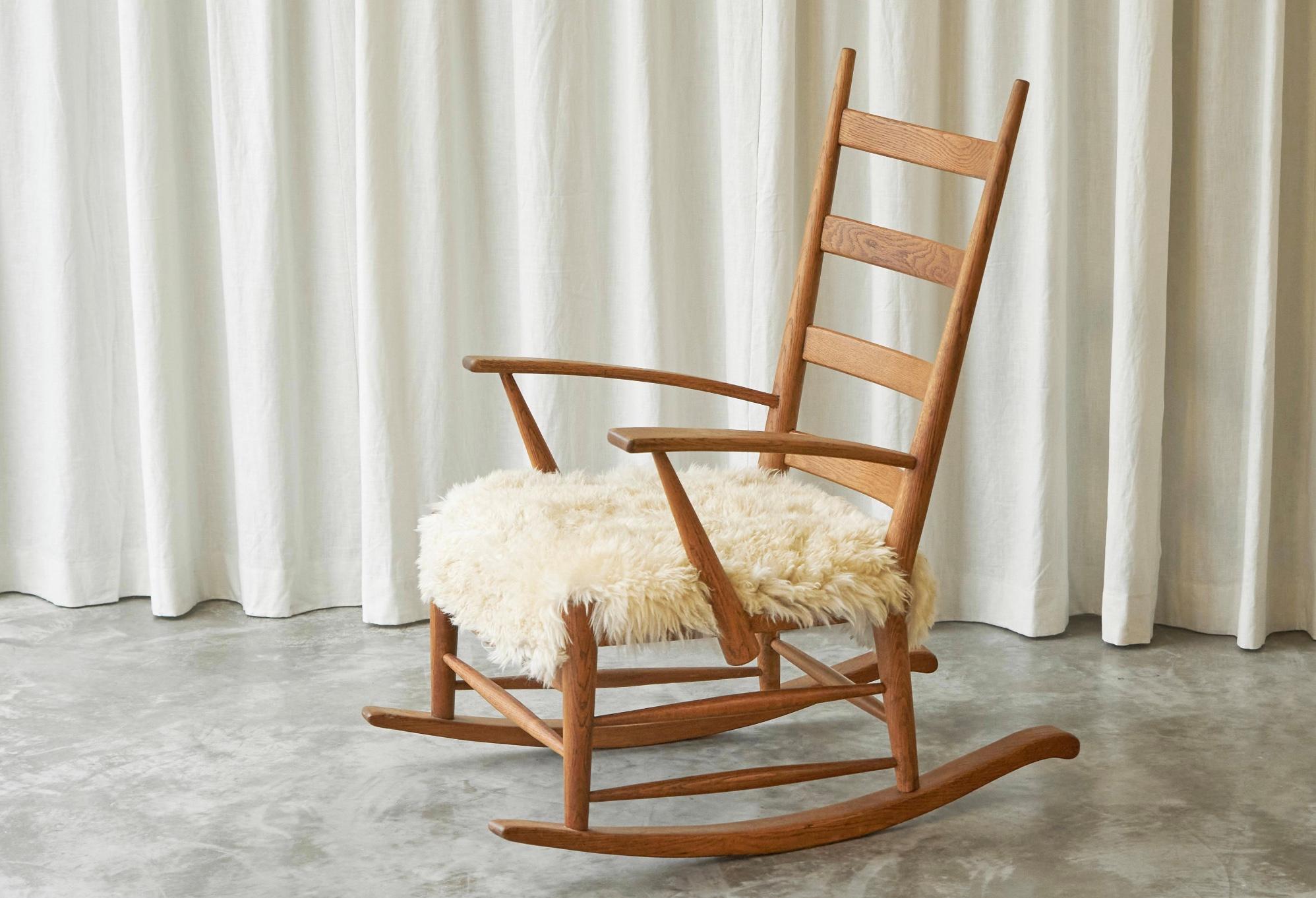 Rocking Chair in Solid Oak and Sheepskin France 1960s For Sale 1