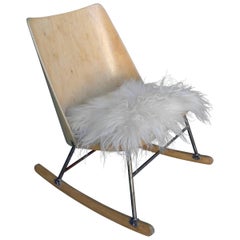 Retro Rocking Chair in Wood with Woolen Seat by Oswald Haerdtl, Thonet, Austria, 1955