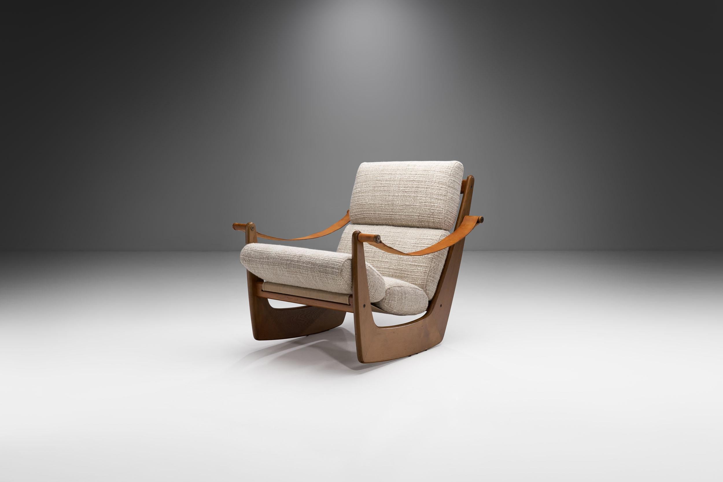 A “gyngestol” (rocking chair) is a staple in Danish design. This rare model by the multitalented Danish designer, upholsterer and furniture architect Bent Møller Jepsen looks like none other, with a minimalistic, yet eye-catching structure that