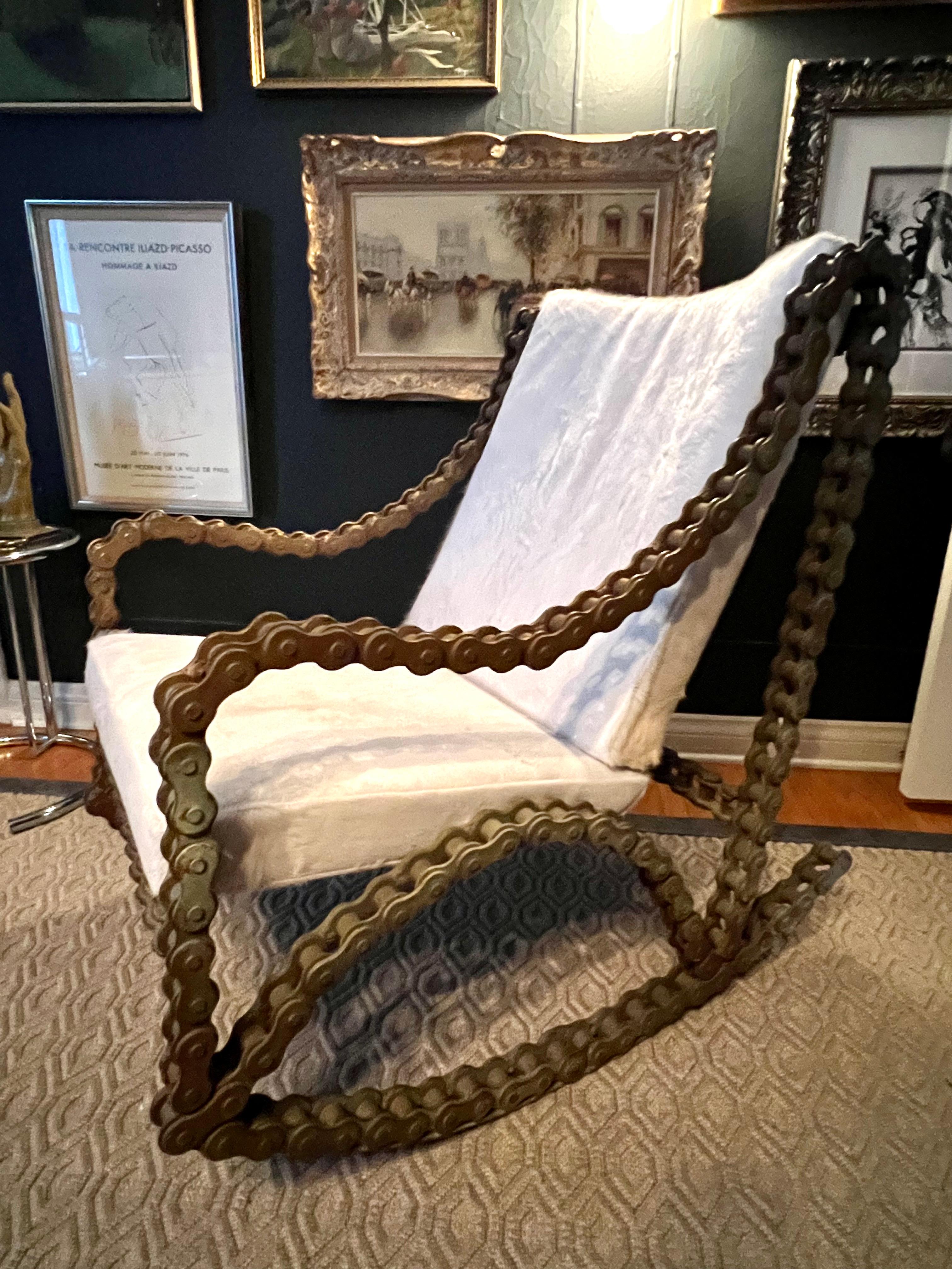 Metal Industrial Chain Rocking Chair with Pony Skin Cushions For Sale