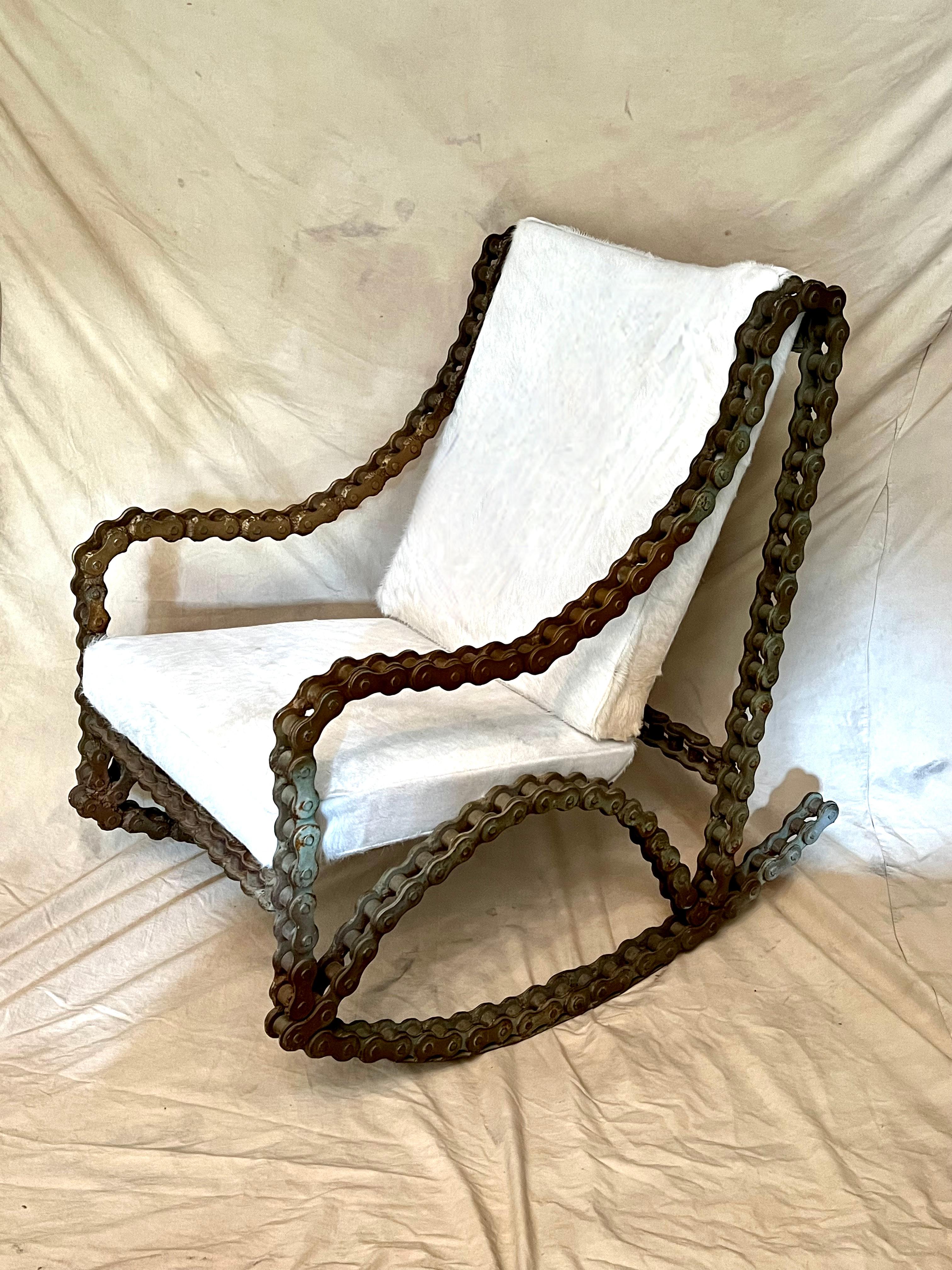Industrial Chain Rocking Chair with Pony Skin Cushions For Sale 1