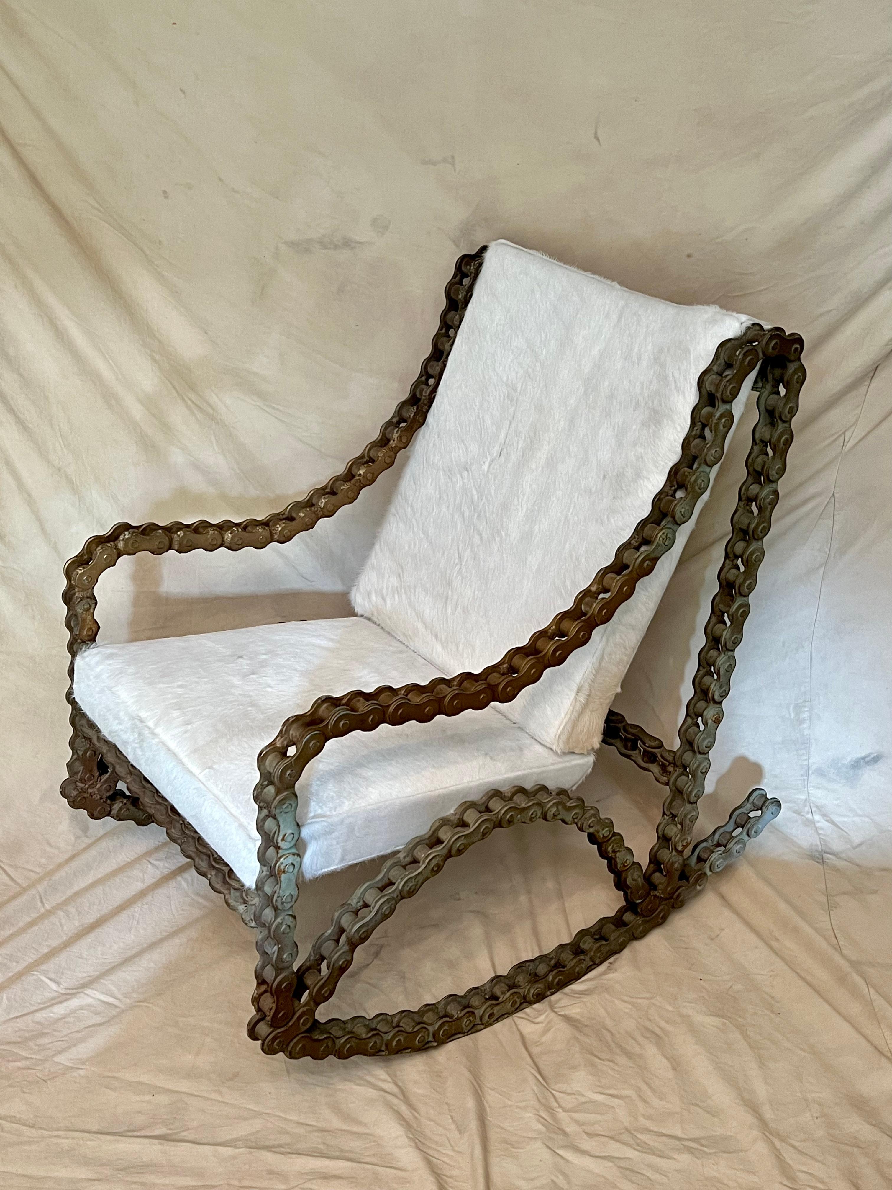 Industrial Chain Rocking Chair with Pony Skin Cushions For Sale 2