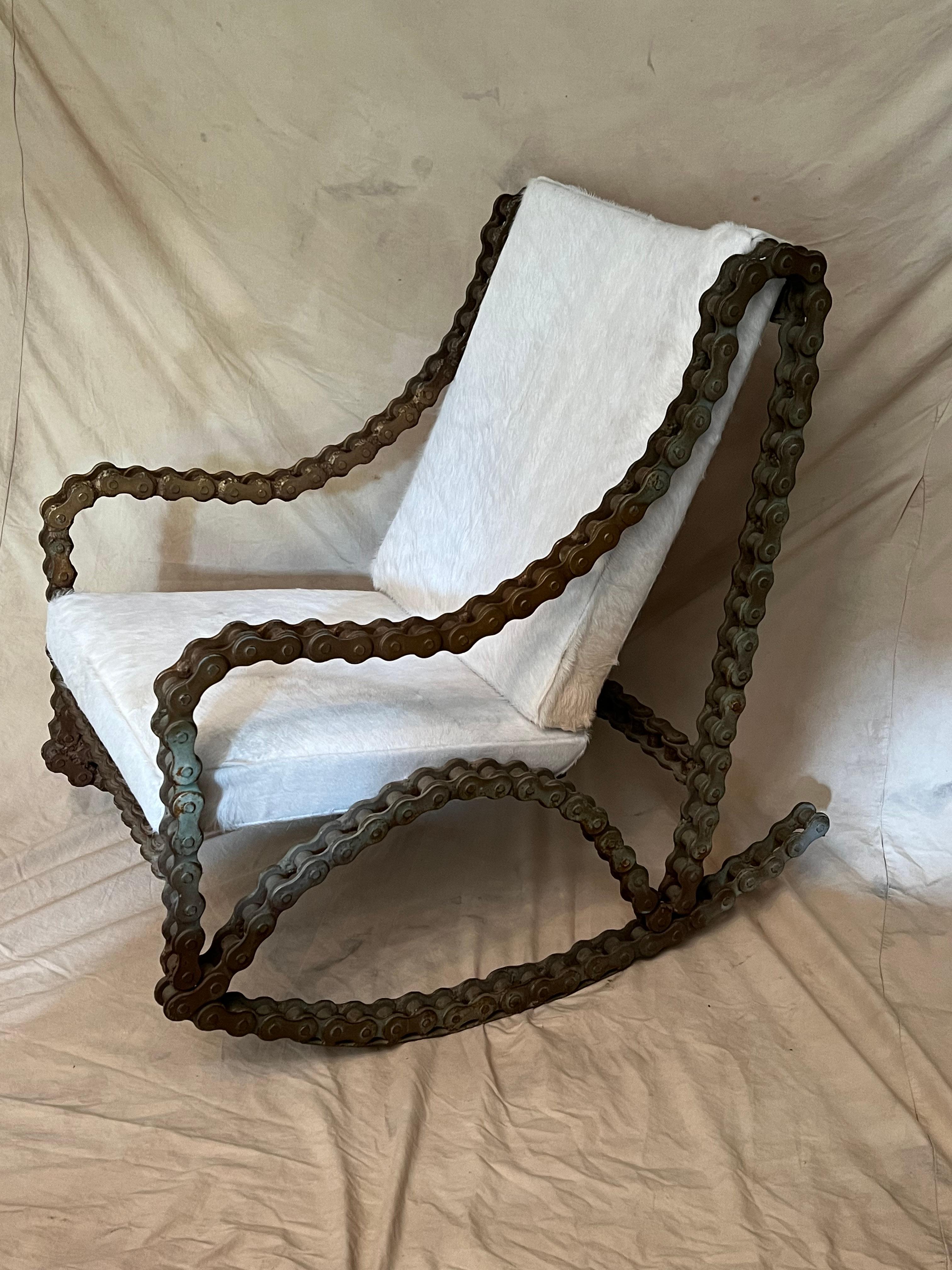 Industrial Chain Rocking Chair with Pony Skin Cushions For Sale 4