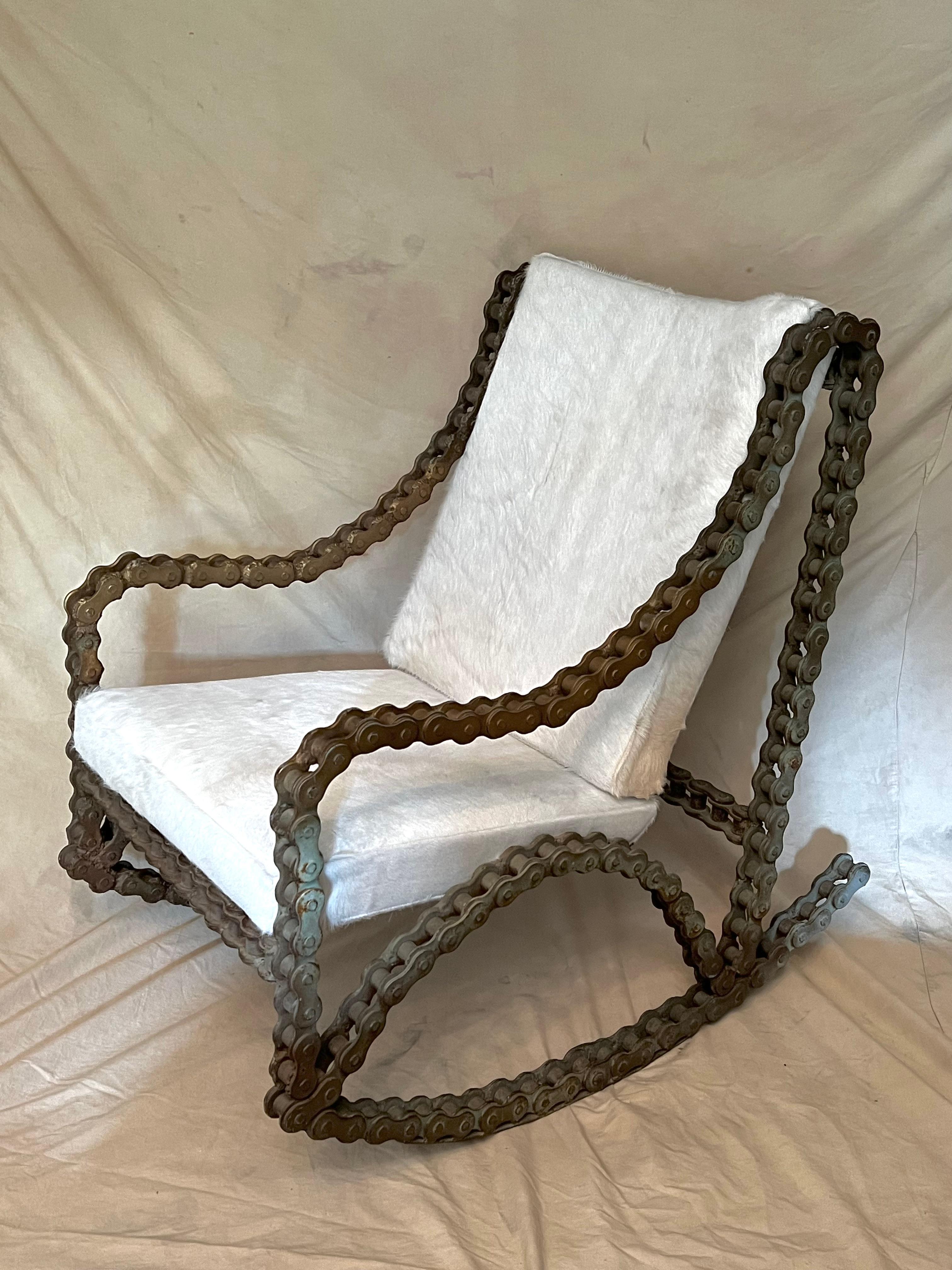 Industrial Chain Rocking Chair with Pony Skin Cushions For Sale 3