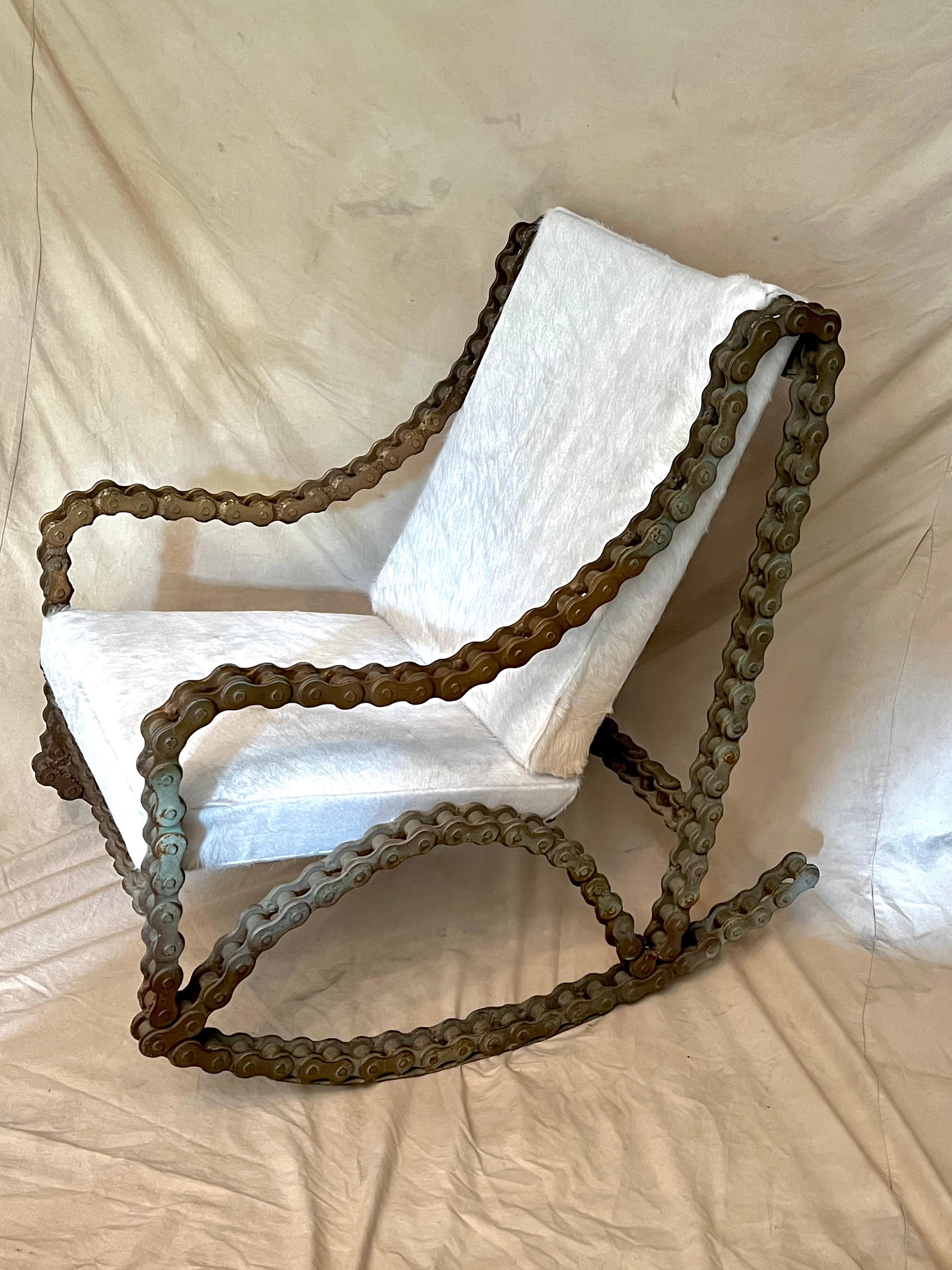Industrial Chain Rocking Chair with Pony Skin Cushions For Sale 5