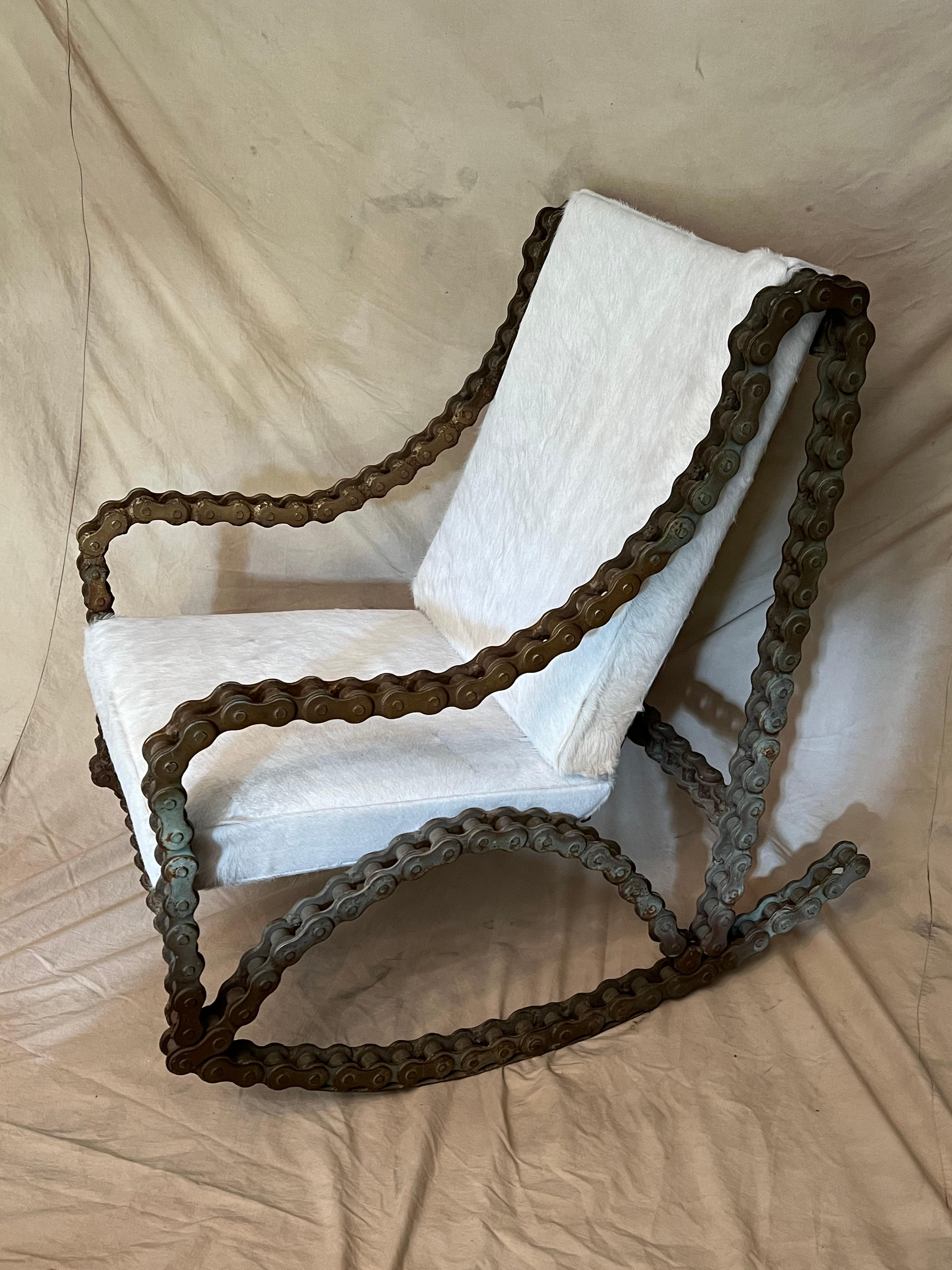 Industrial Chain Rocking Chair with Pony Skin Cushions For Sale 7