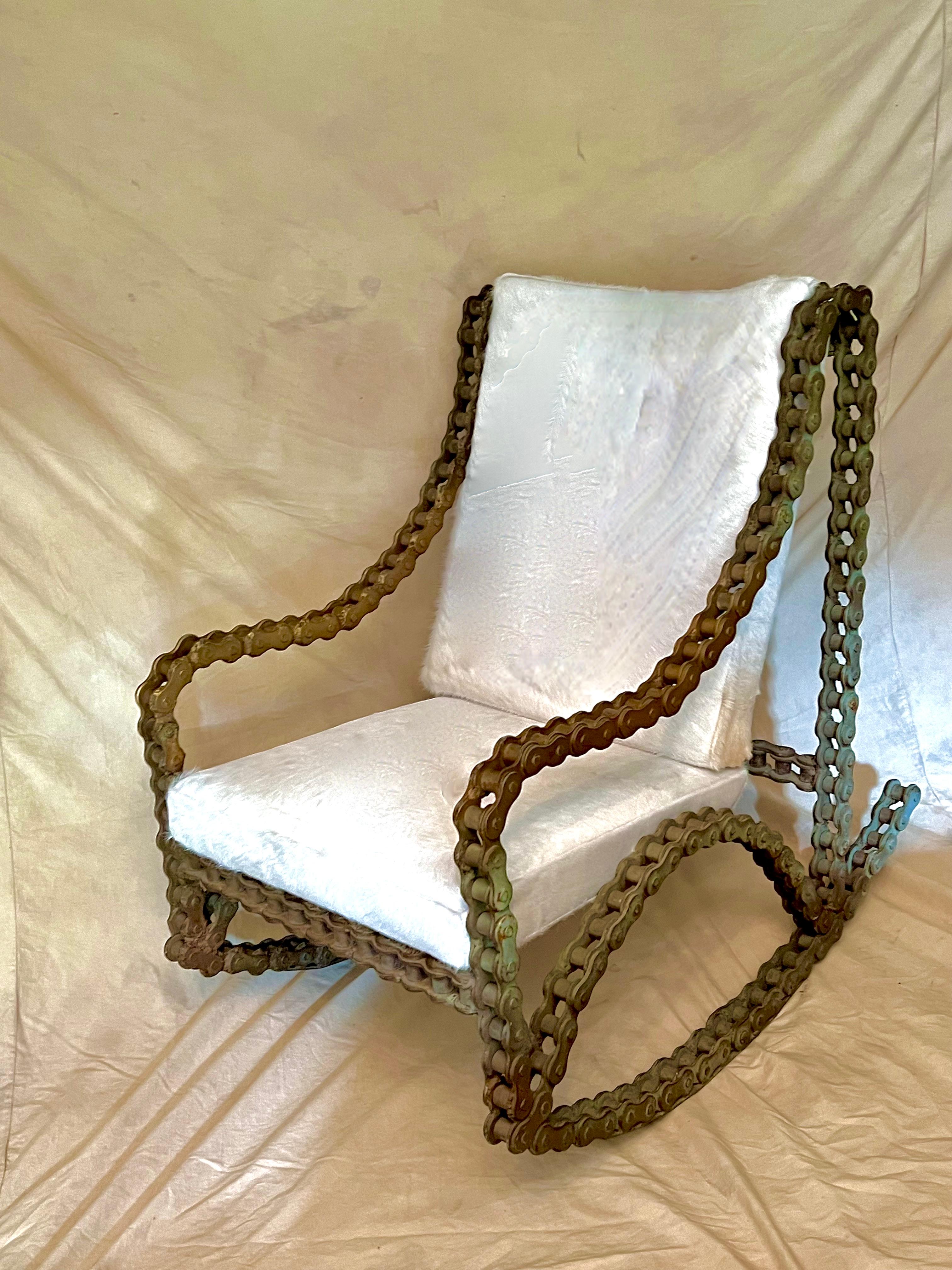 Industrial Chain Rocking Chair with Pony Skin Cushions For Sale 6