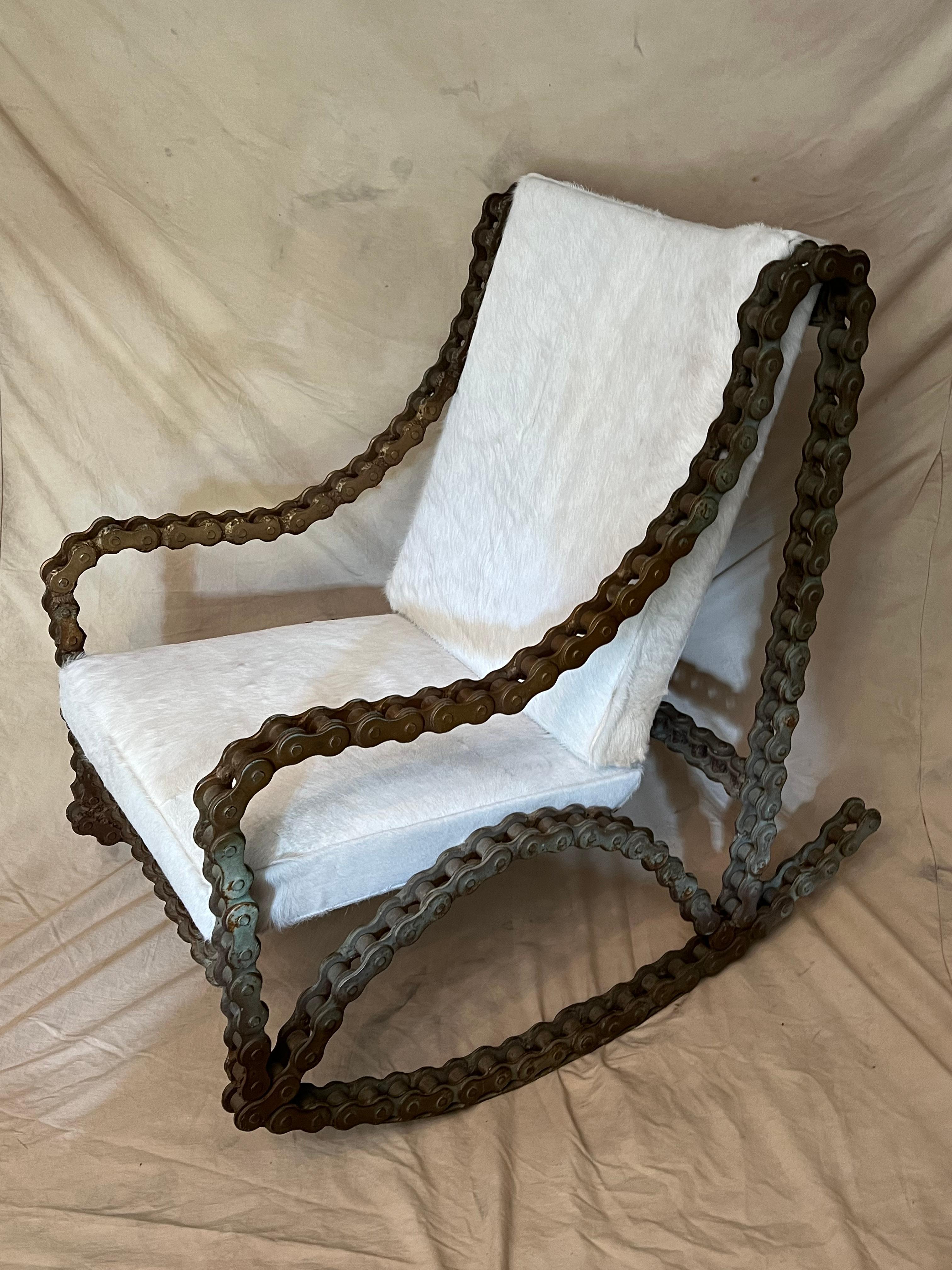 Industrial Chain Rocking Chair with Pony Skin Cushions For Sale 8