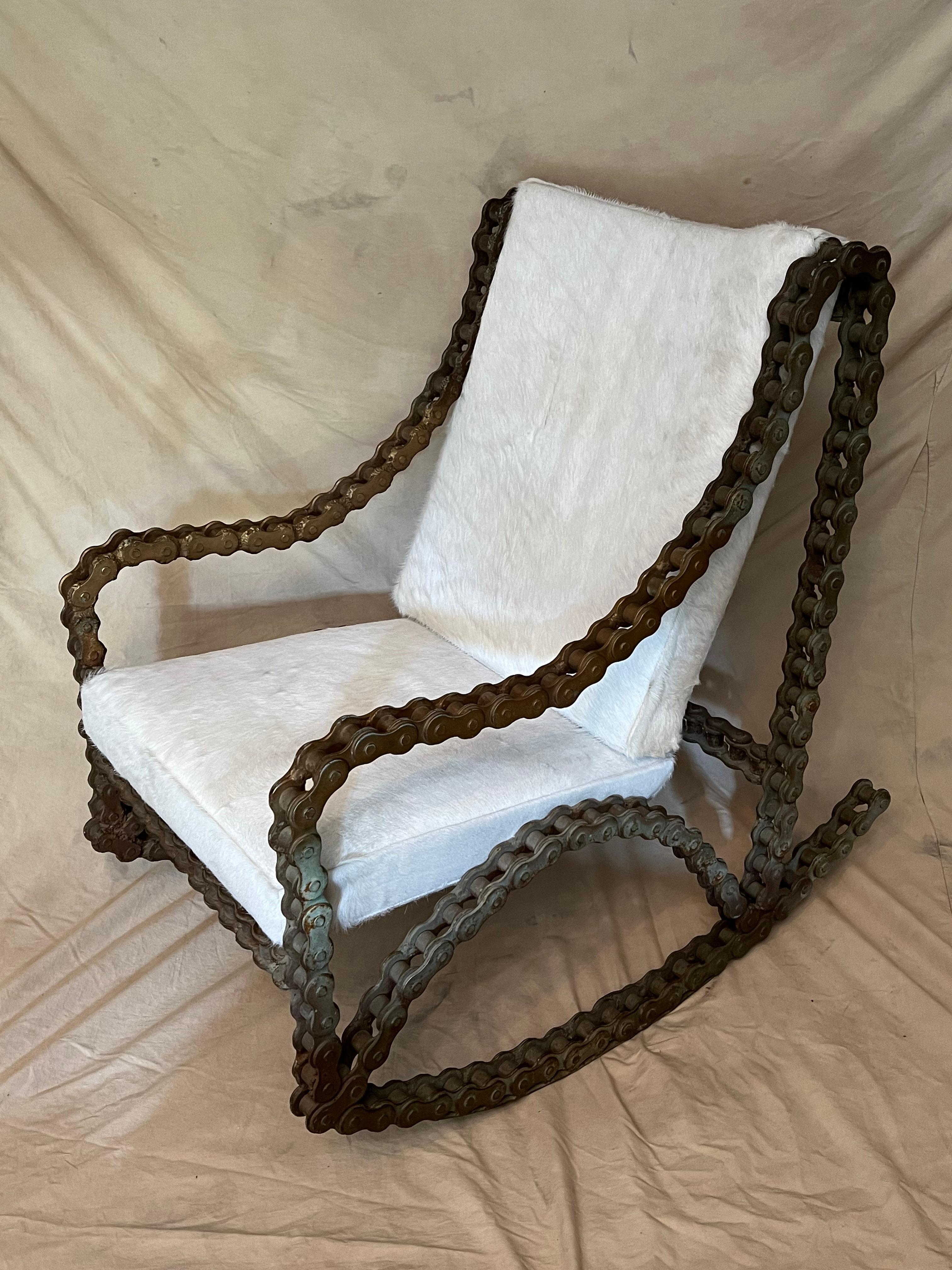 Industrial Chain Rocking Chair with Pony Skin Cushions For Sale 9