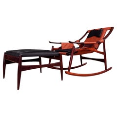 Rocking Chair with Ottoman in Hardwood & Leather, Liceu de Artes, 1960s