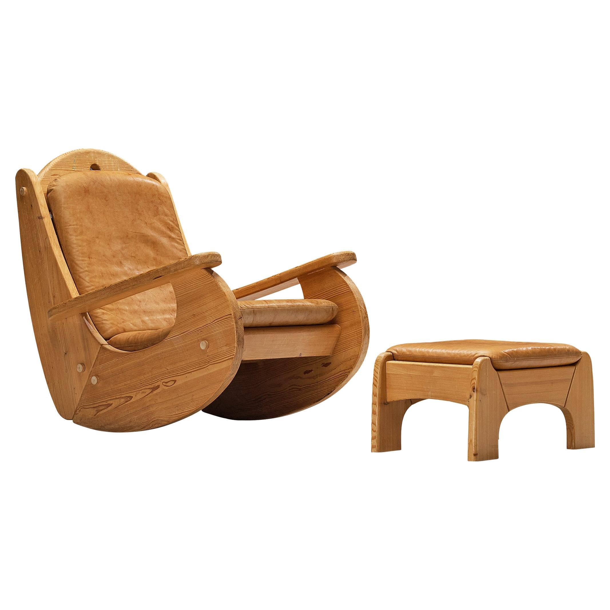 Rocking Chair with Ottoman in Pine and Cognac Leather 