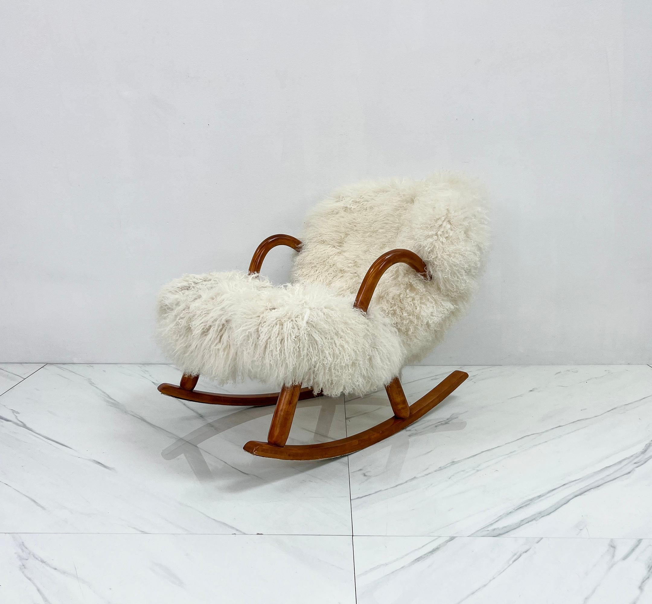 Scandinavian Modern Rocking Clam Chair, Curly Sheepskin by Arnold Madsen, Madsen & Schubell, 1944