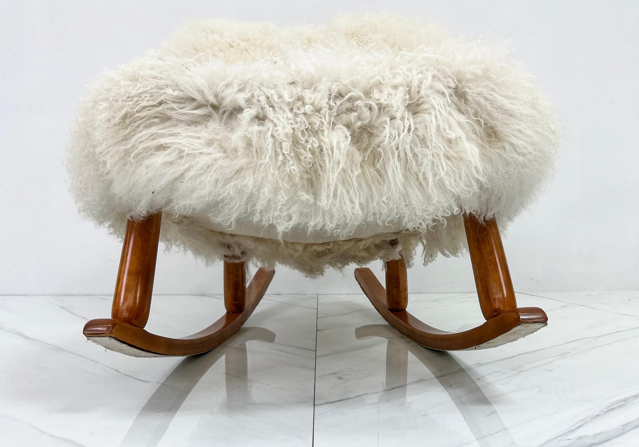 Danish Rocking Clam Chair, Curly Sheepskin by Arnold Madsen, Madsen & Schubell, 1944
