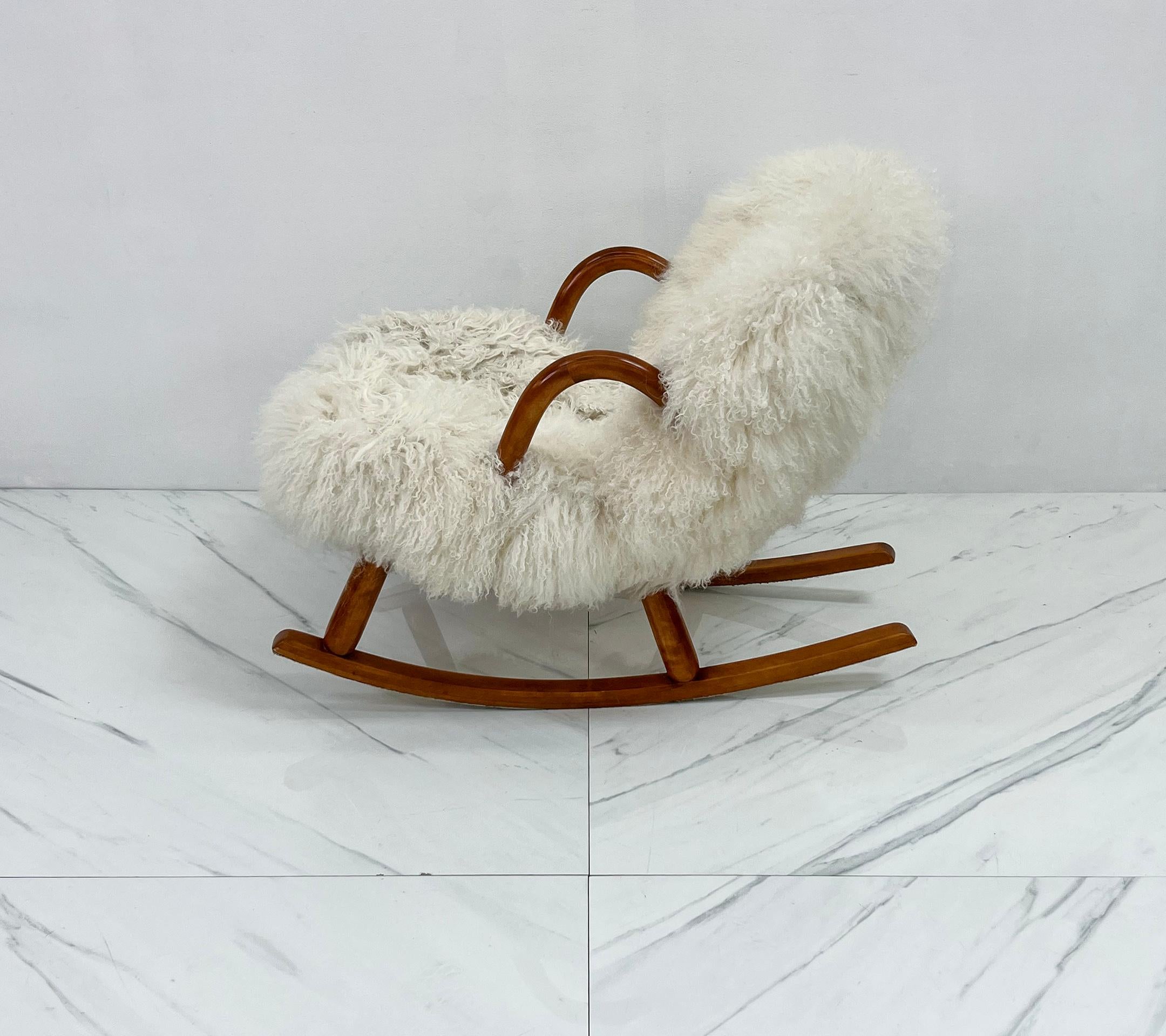 Rocking Clam Chair, Curly Sheepskin by Arnold Madsen, Madsen & Schubell, 1944 In Good Condition In Culver City, CA