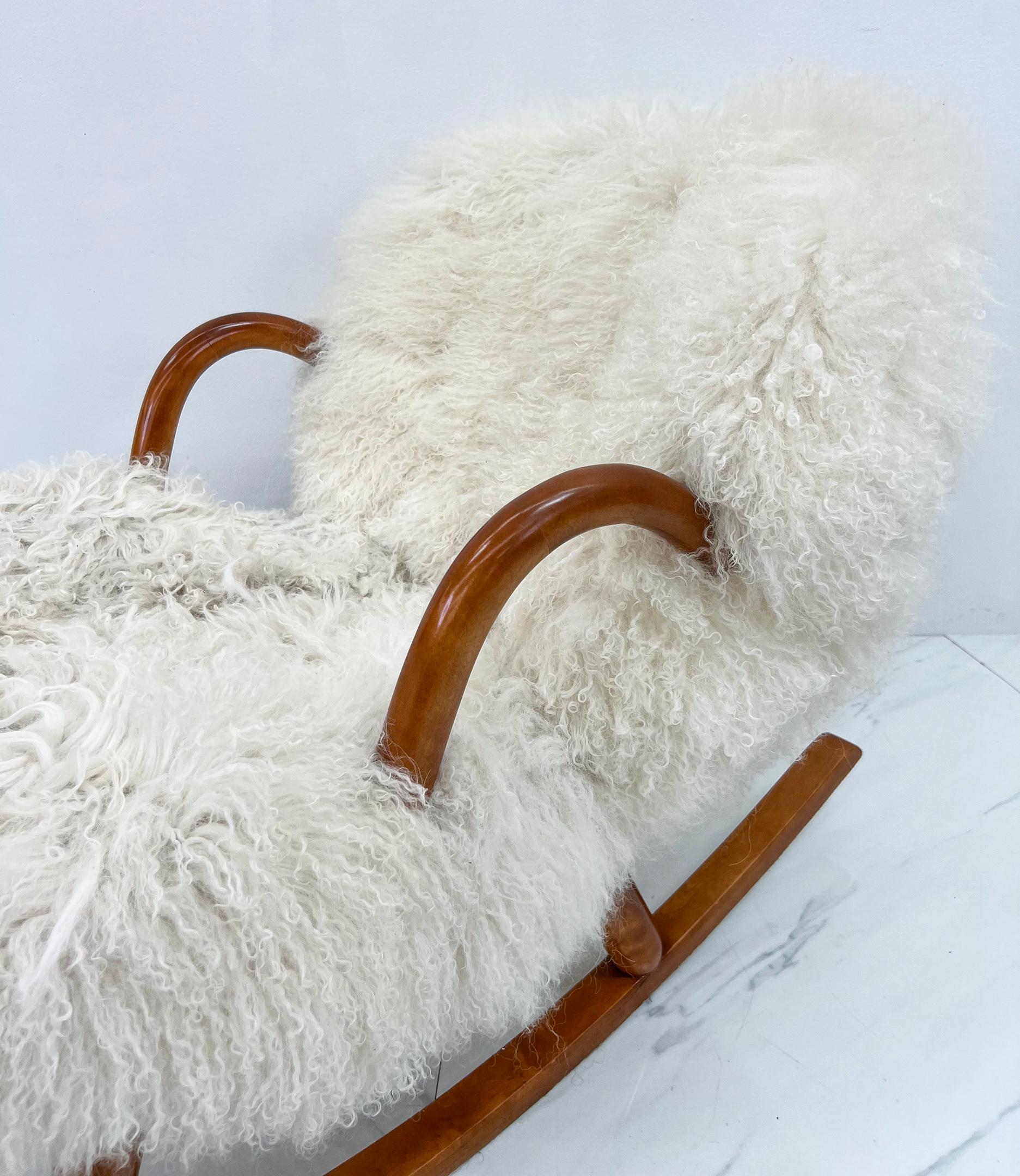 Mid-20th Century Rocking Clam Chair, Curly Sheepskin by Arnold Madsen, Madsen & Schubell, 1944
