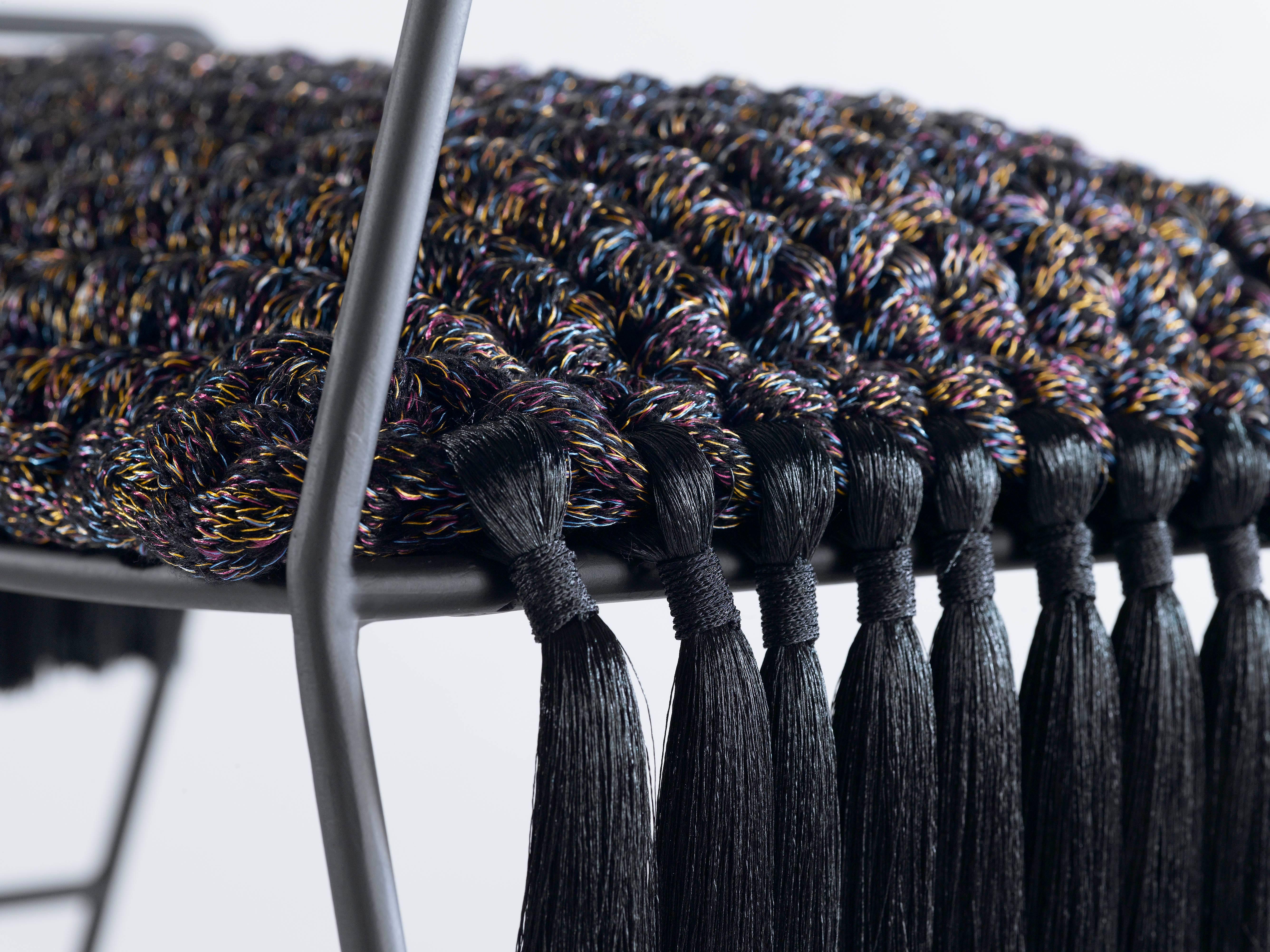 Israeli Rocking Horse Stool, Matte Black Iron with Handmade Crochet Cushion Seat