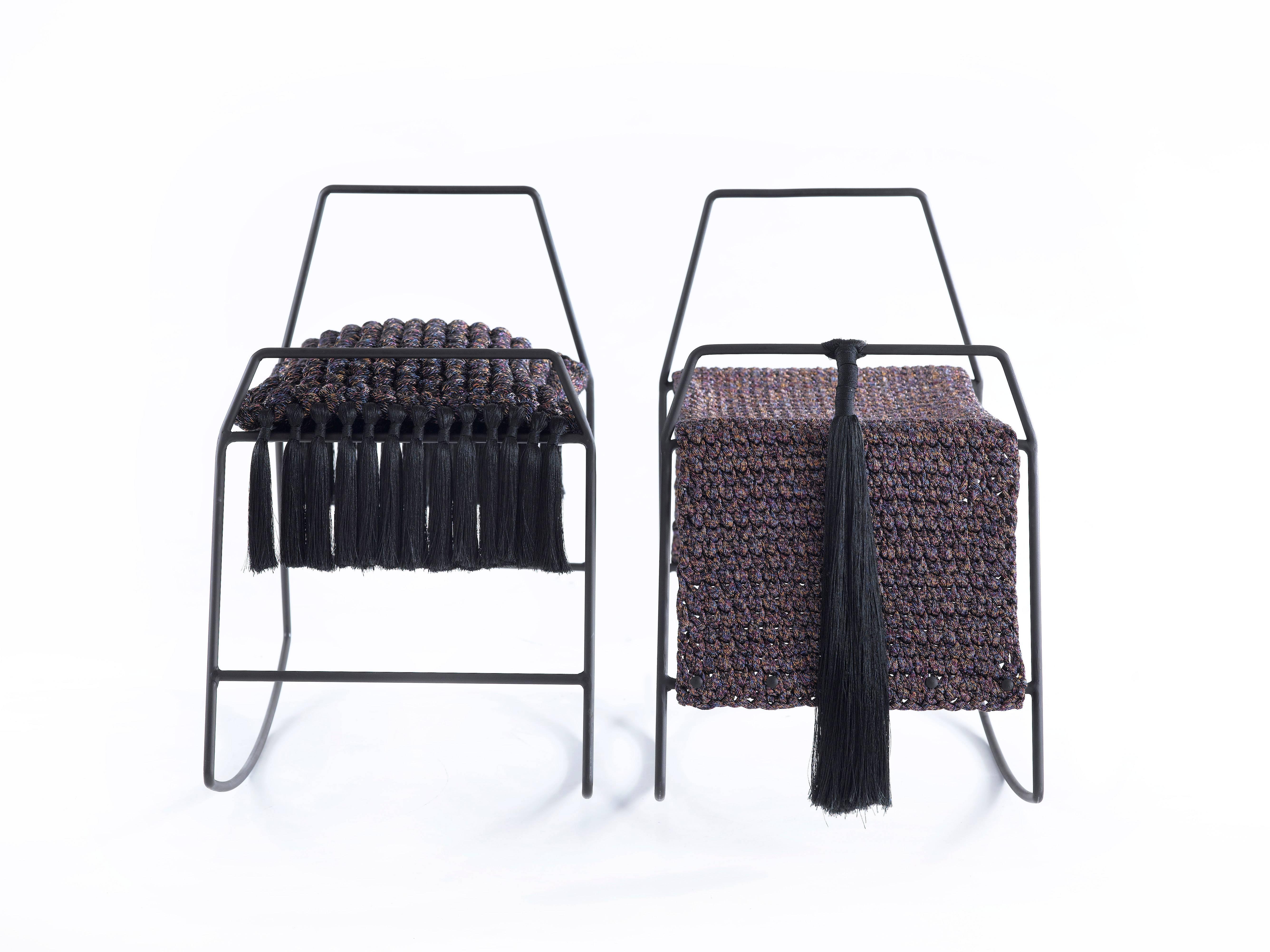 Contemporary Rocking Horse Stool, Matte Black Iron with Handmade Crochet Cushion Seat
