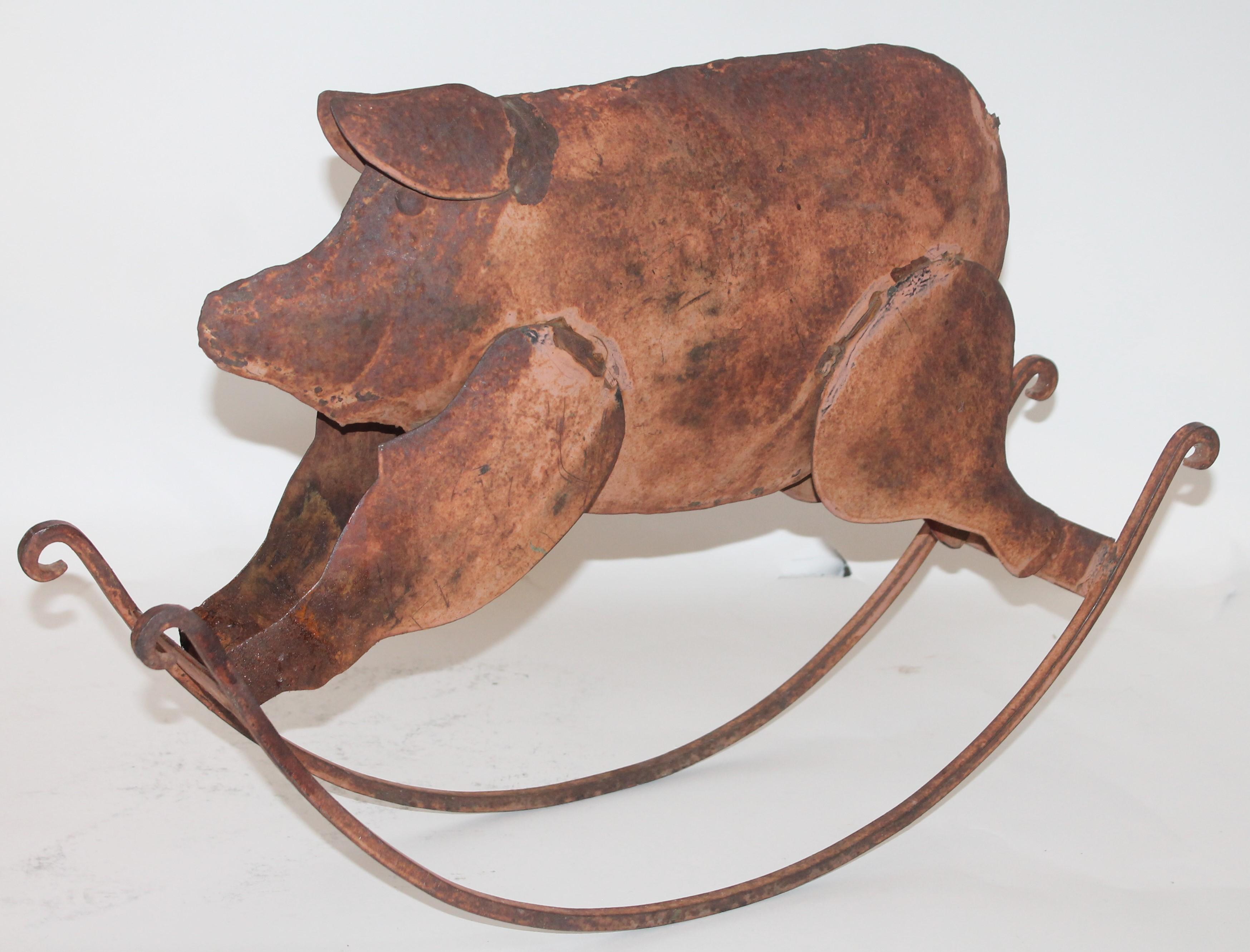 This is all original painted salmon and oxidized metal pig is handmade and in very good as found condition. Wonderful Folk Art and great above a cupboard.