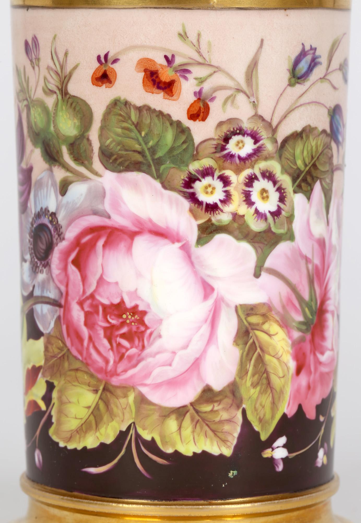 Gilt Rockingham Brameld English Floral Painted Cylindrical Porcelain Vase