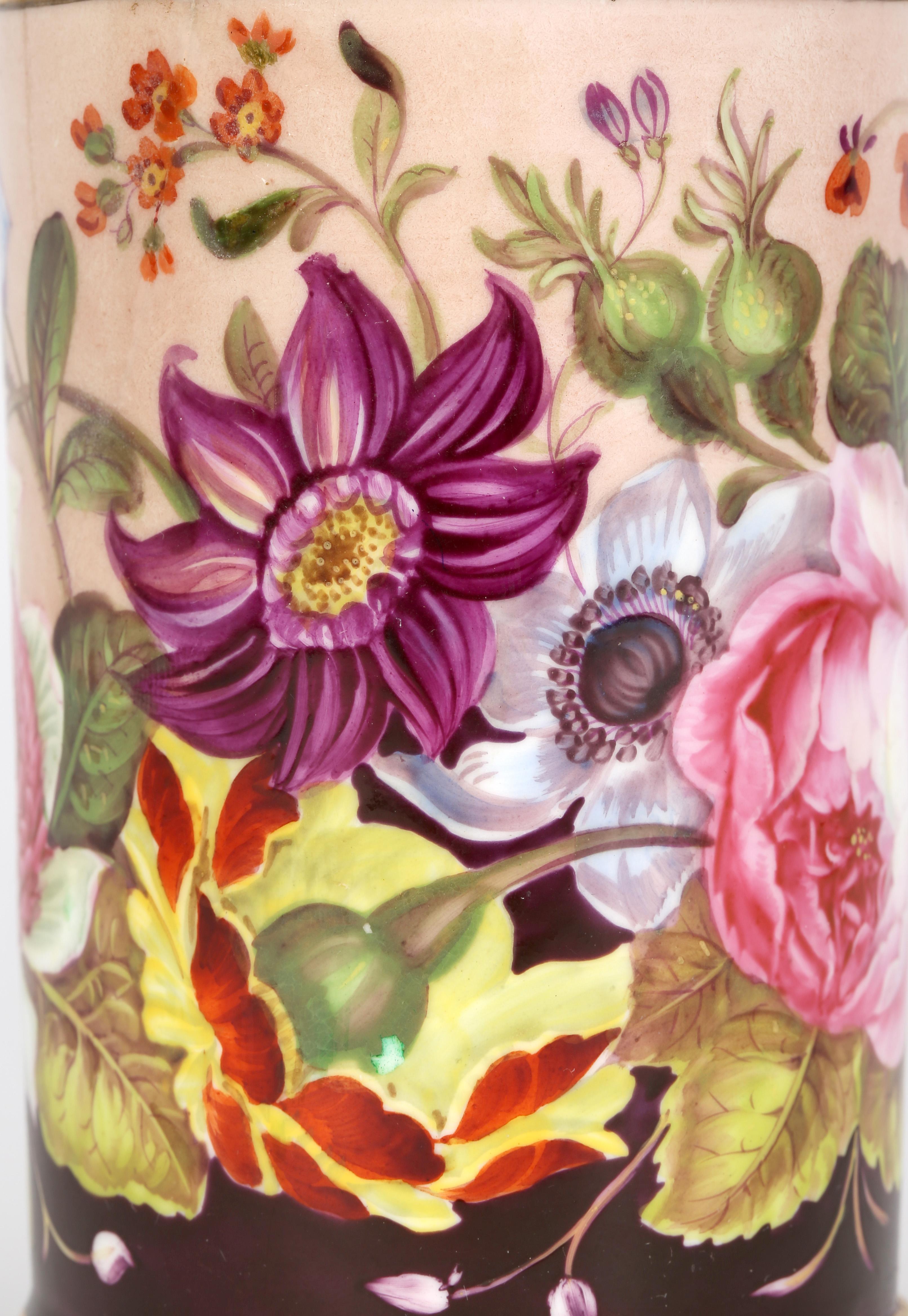 Early 19th Century Rockingham Brameld English Floral Painted Cylindrical Porcelain Vase