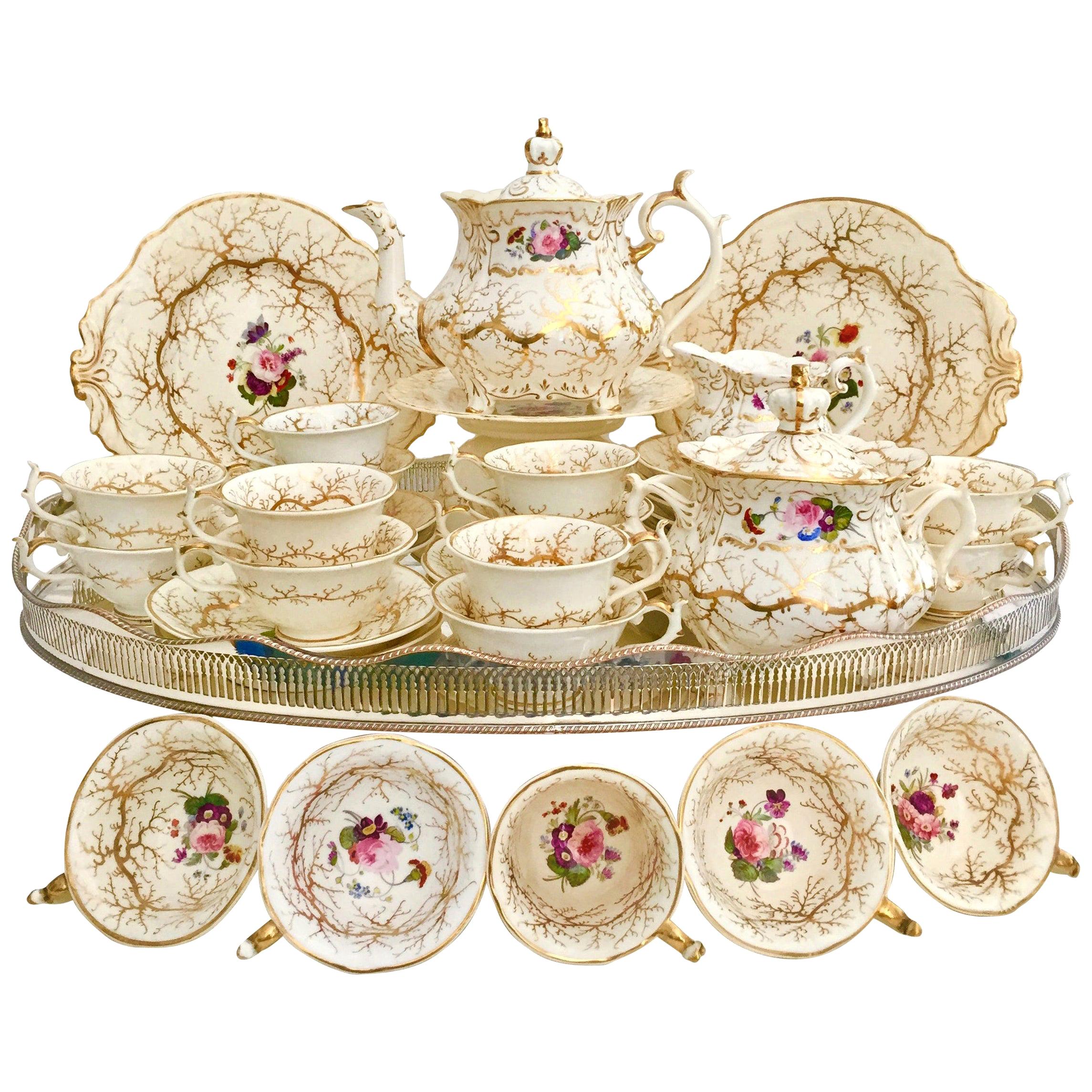 Rockingham Porcelain Tea Service, Cream, Gilt and Flowers, Rococo Revival, 1832