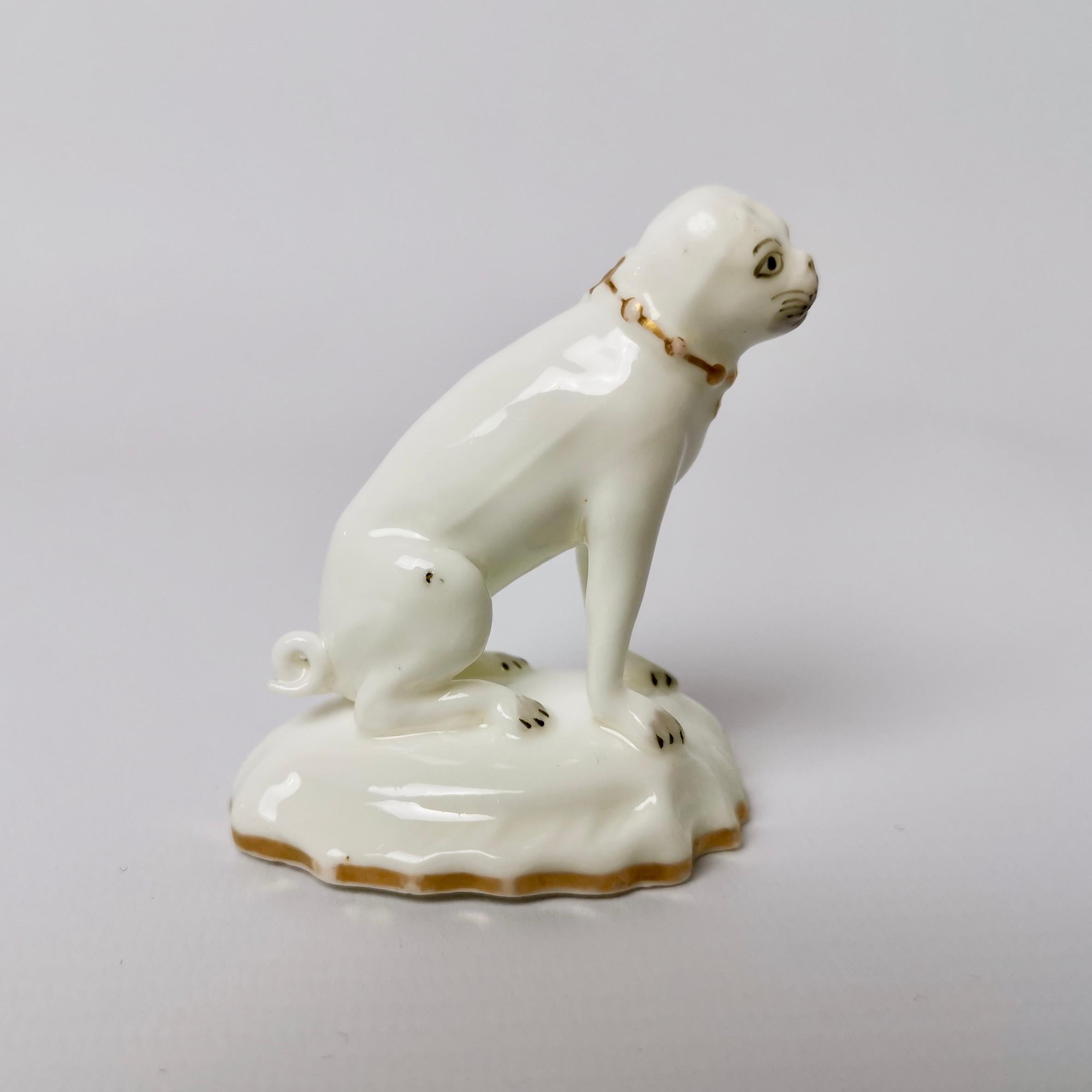 English Rockingham Porcelain Pug Dog, White, Rococo Revival, circa 1835