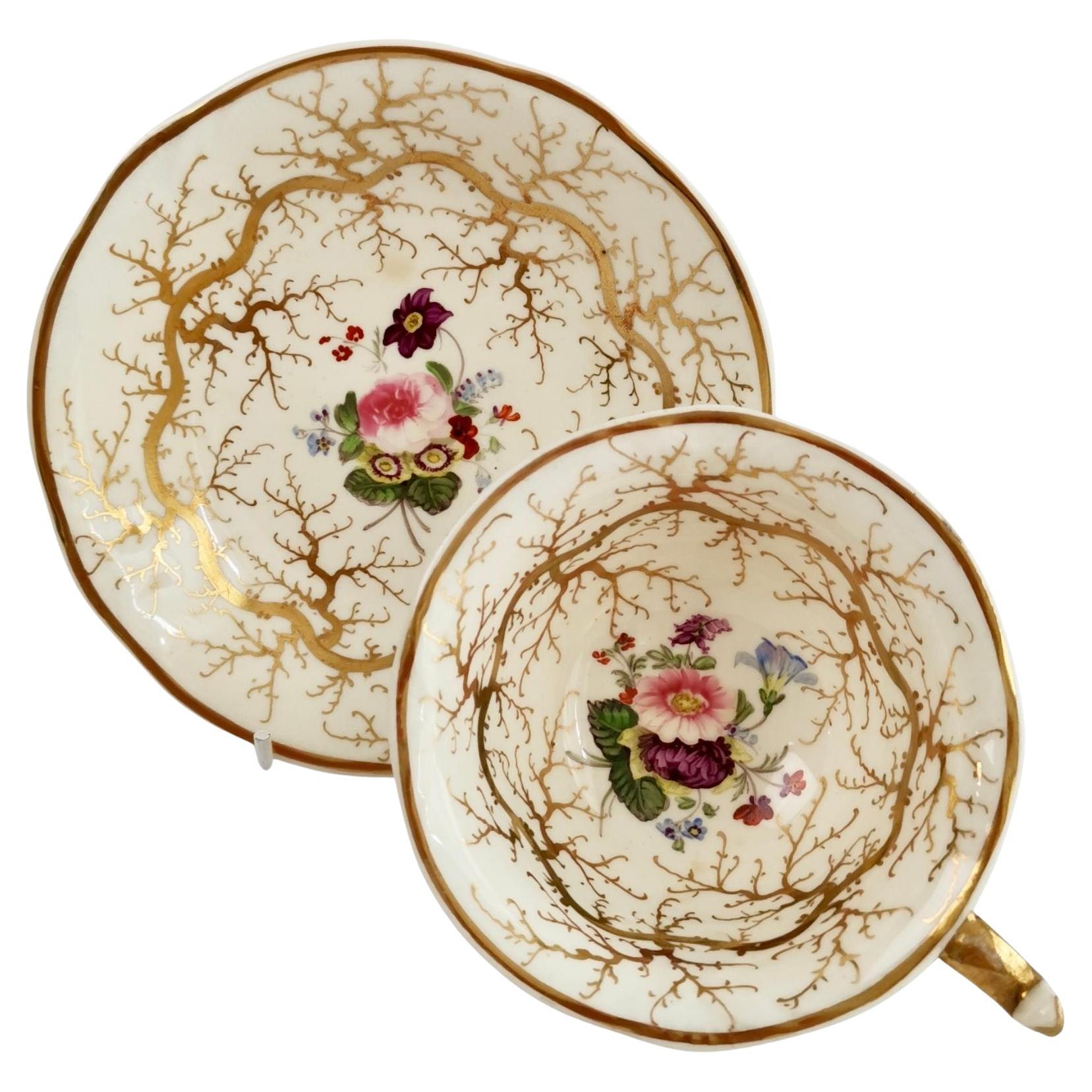 Rockingham Porcelain Teacup, Gilt Seaweed, Flowers, Rococo Revival, 1832
