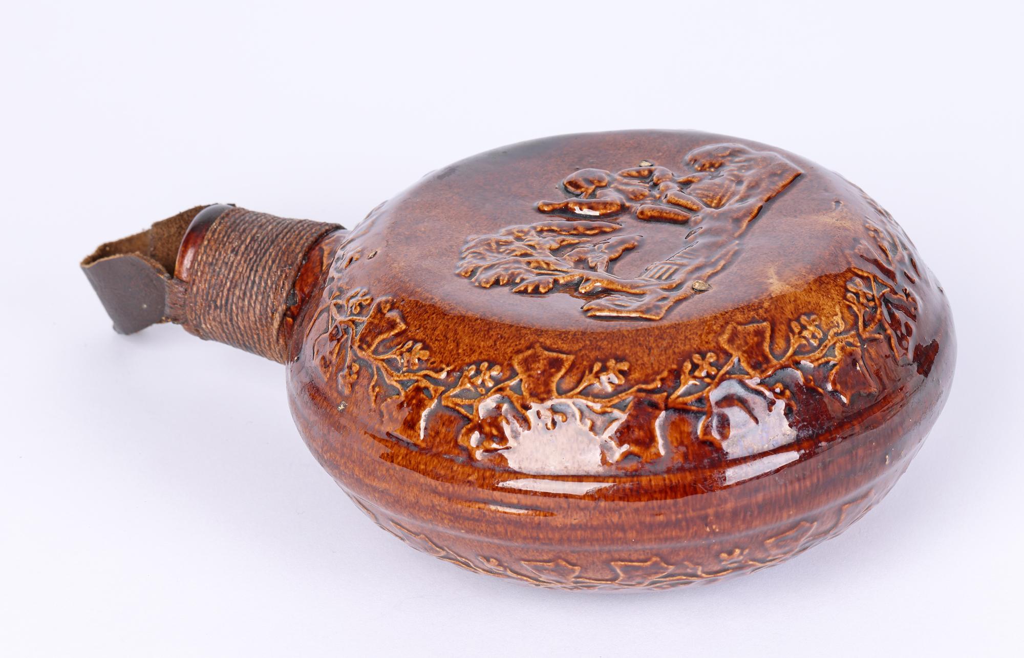 Rockingham Rare Treacle Glazed Smoking Scene Pottery Flask For Sale 5