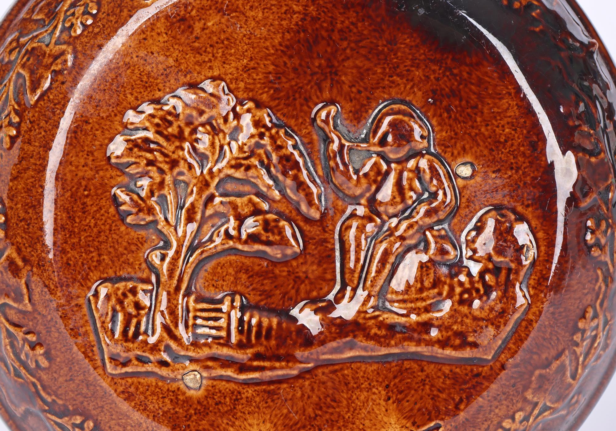 George III Rockingham Rare Treacle Glazed Smoking Scene Pottery Flask For Sale