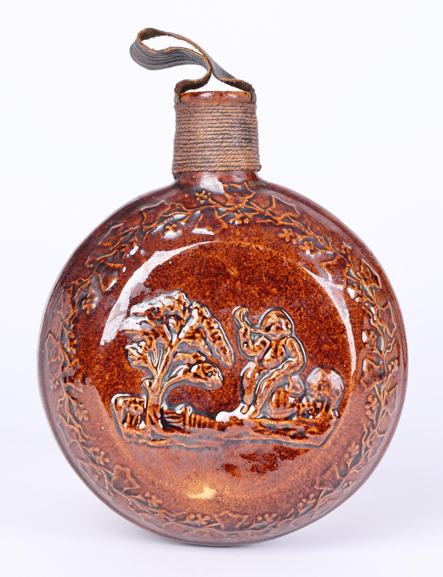 Rockingham Rare Treacle Glazed Smoking Scene Pottery Flask In Good Condition For Sale In Bishop's Stortford, Hertfordshire