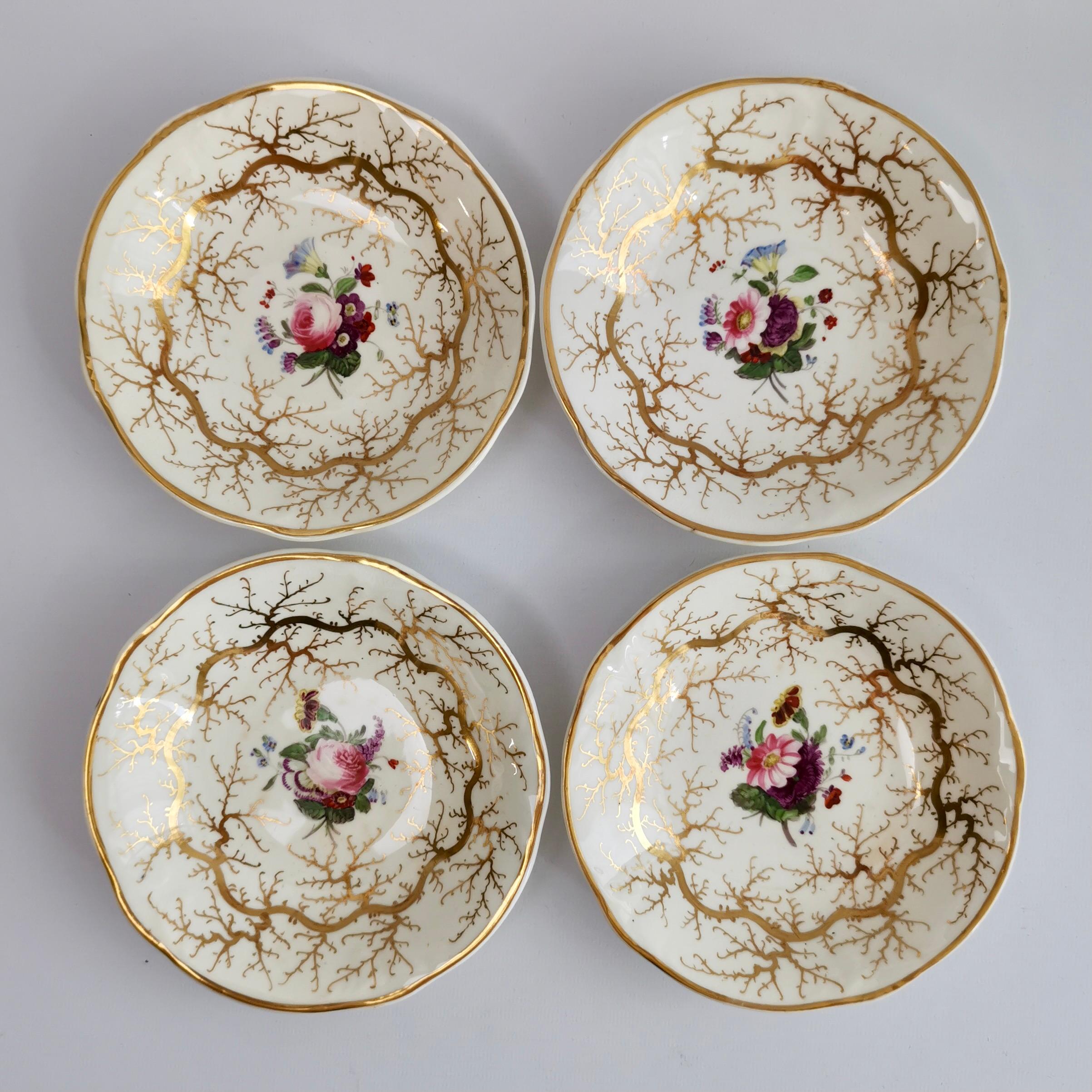Rockingham Tea Service for 4, Gilt Seaweed, Flowers, Rococo Revival, 1832 6