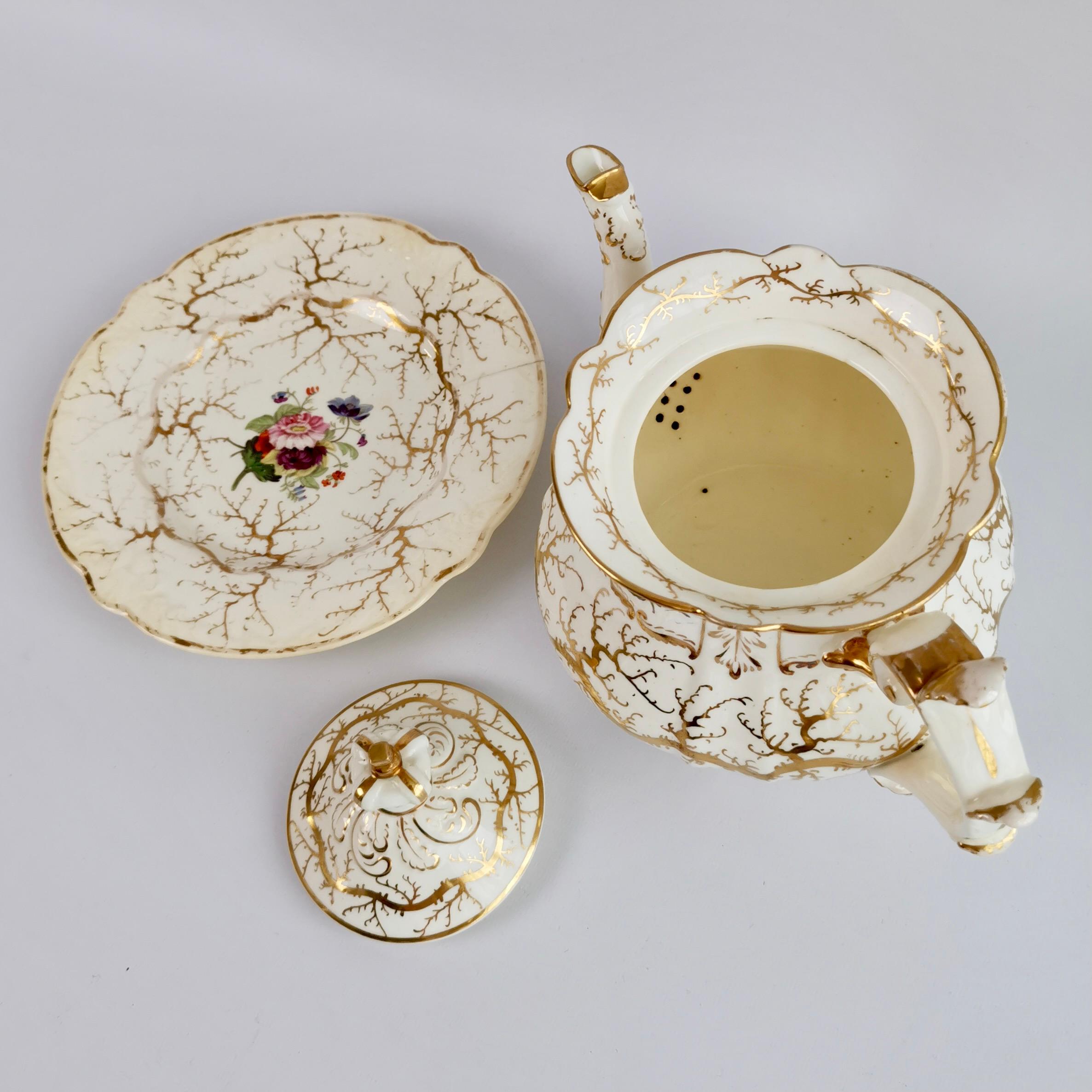 Rockingham Tea Service for 4, Gilt Seaweed, Flowers, Rococo Revival, 1832 8