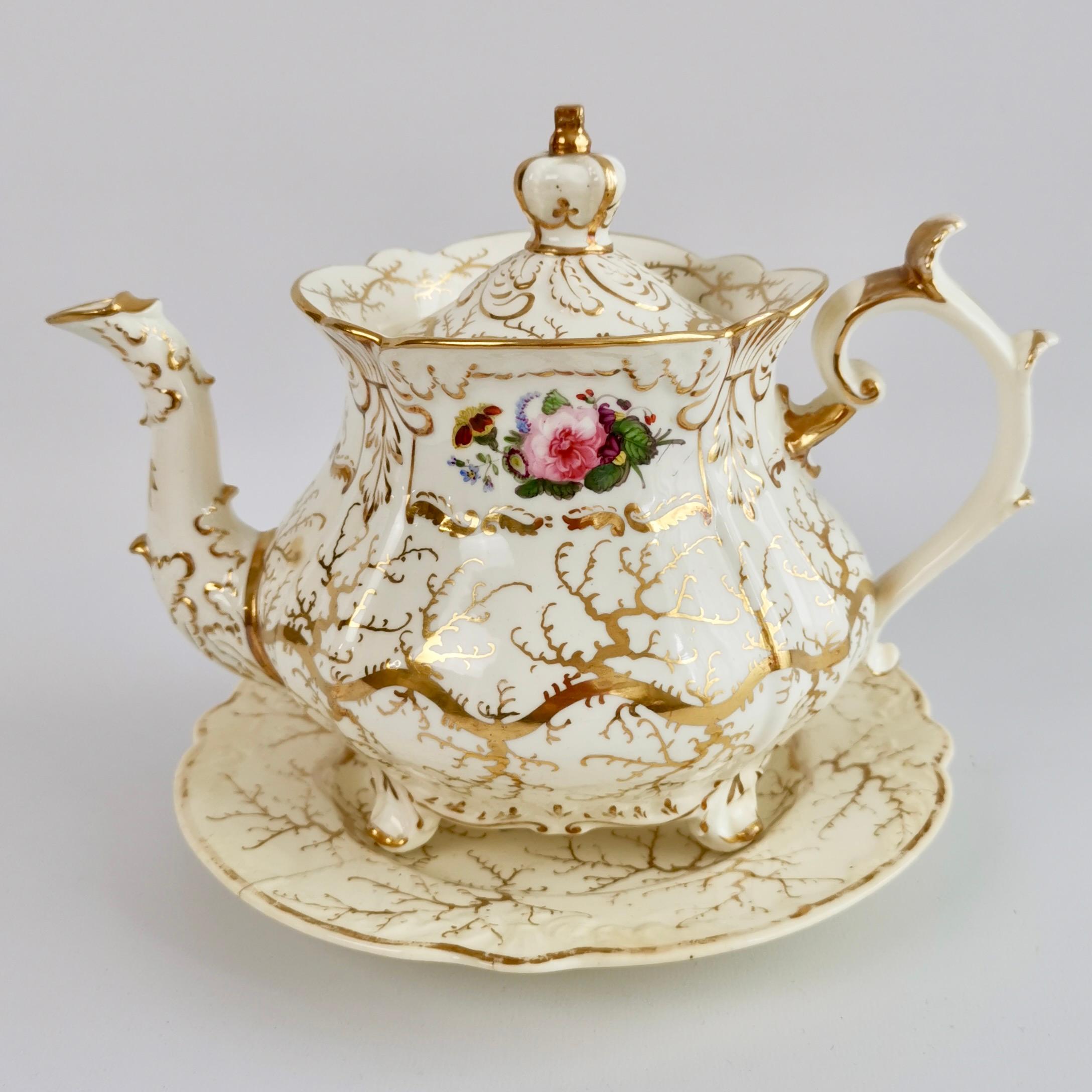 English Rockingham Tea Service for 4, Gilt Seaweed, Flowers, Rococo Revival, 1832