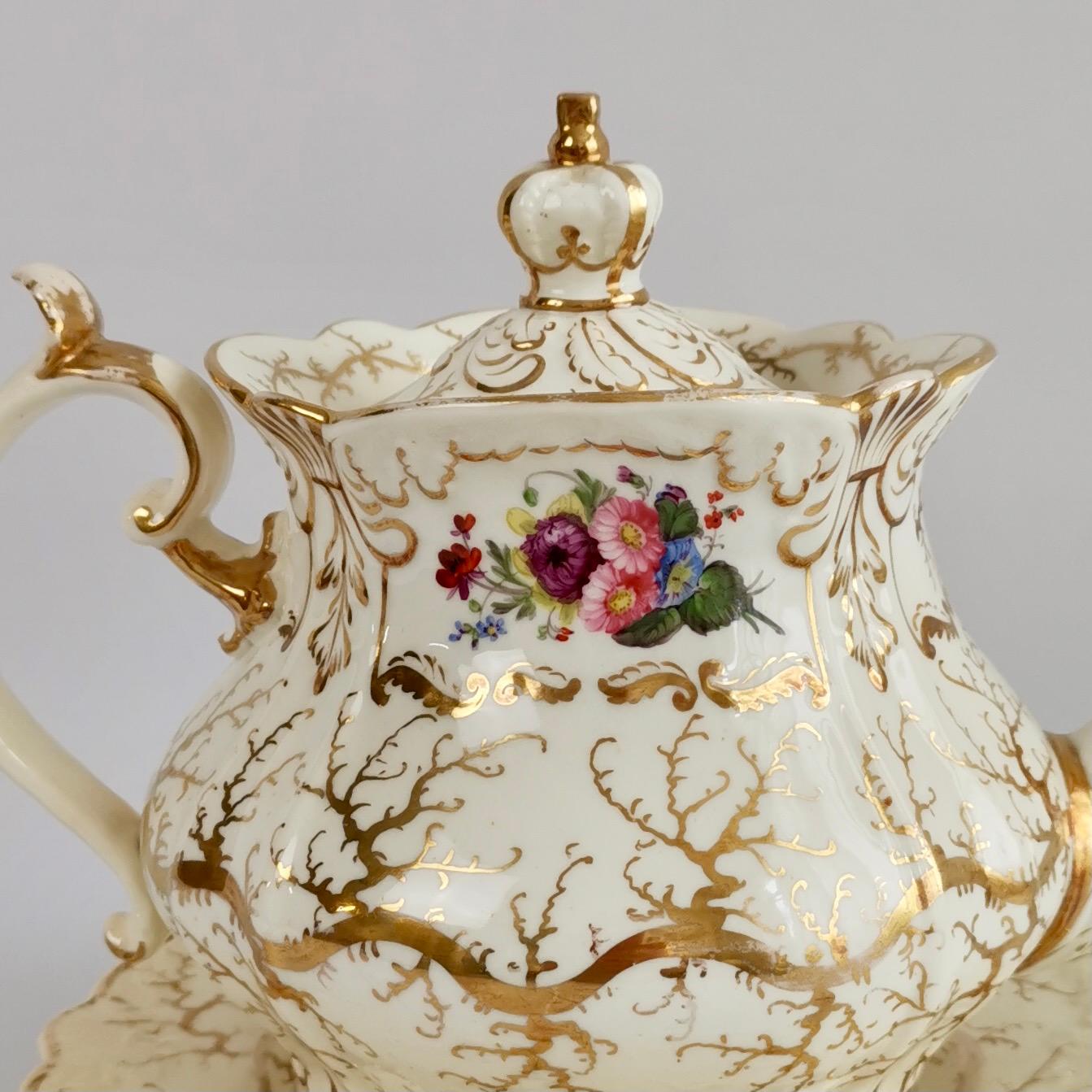 Hand-Painted Rockingham Tea Service for 4, Gilt Seaweed, Flowers, Rococo Revival, 1832
