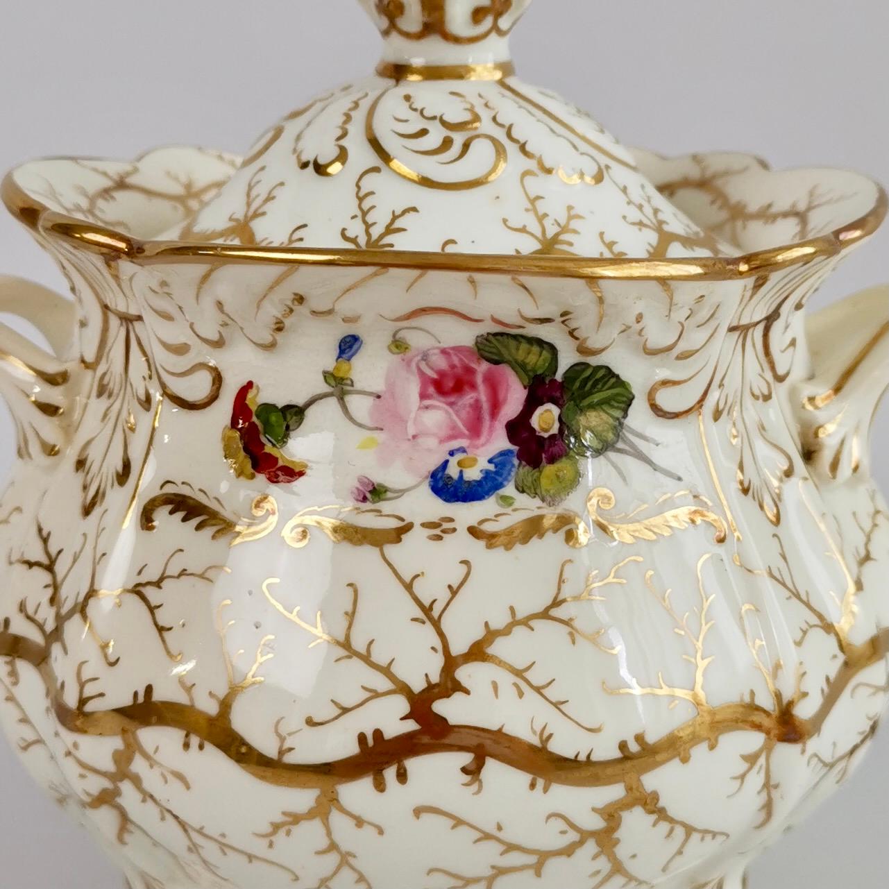 Mid-19th Century Rockingham Tea Service for 4, Gilt Seaweed, Flowers, Rococo Revival, 1832