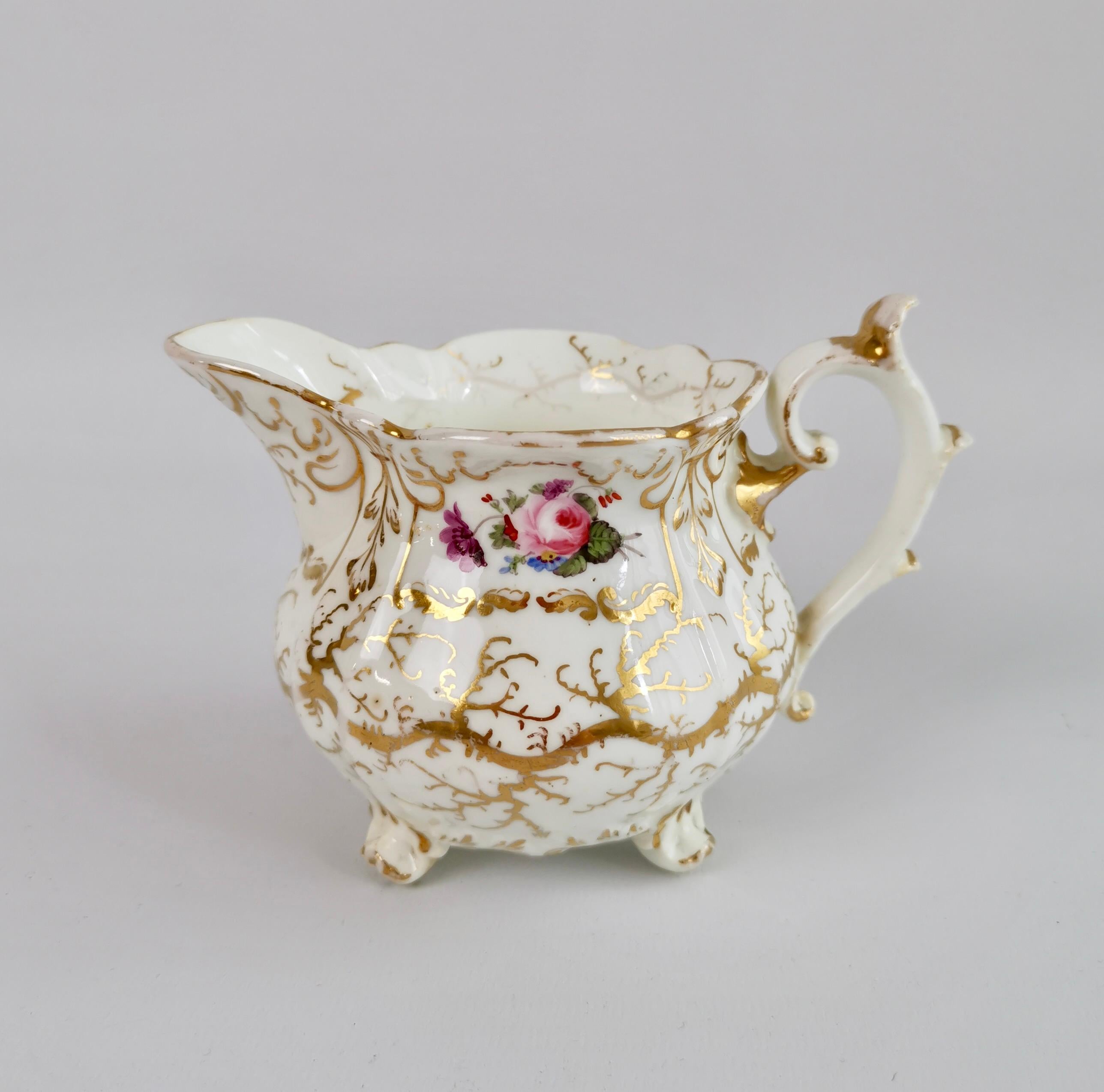 Porcelain Rockingham Tea Service for 4, Gilt Seaweed, Flowers, Rococo Revival, 1832