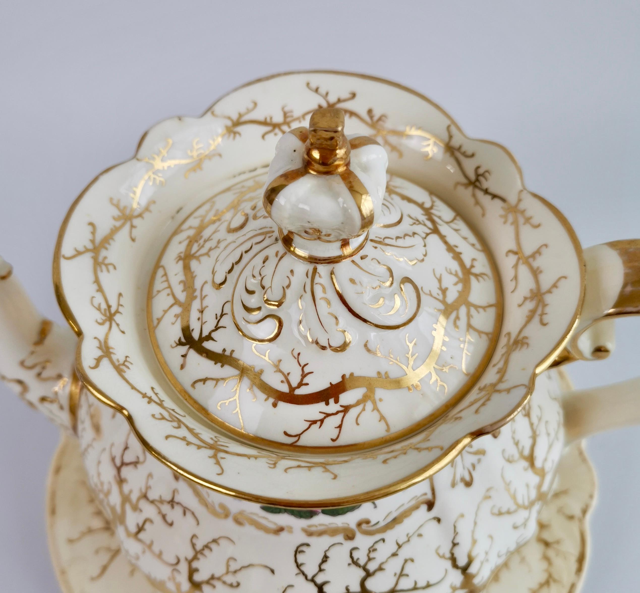 Rockingham Tea Service for 4, Gilt Seaweed, Flowers, Rococo Revival, 1832 1