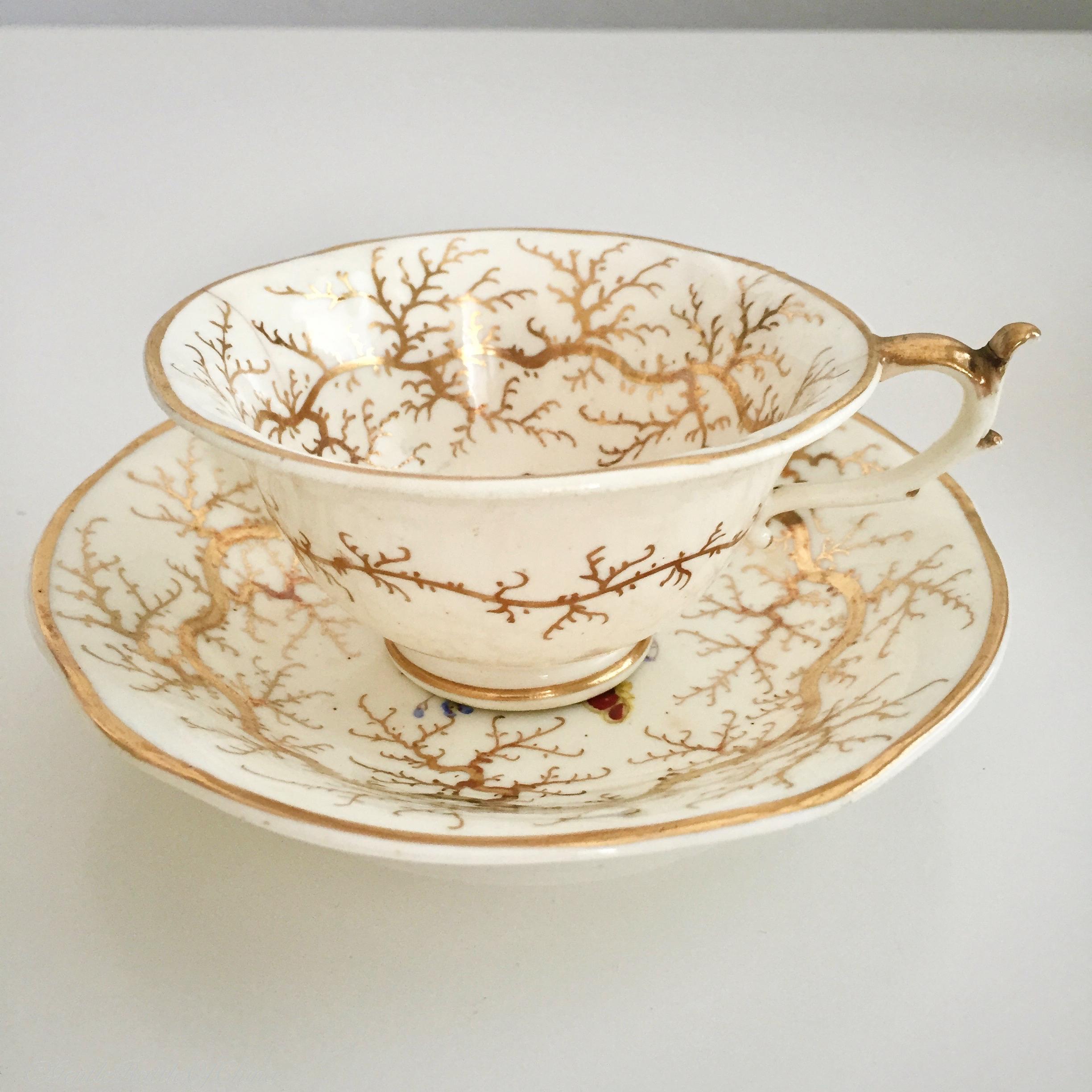 Hand-Painted Rockingham Porcelain Tea Service, Cream, Gilt and Flowers, Rococo Revival, 1832