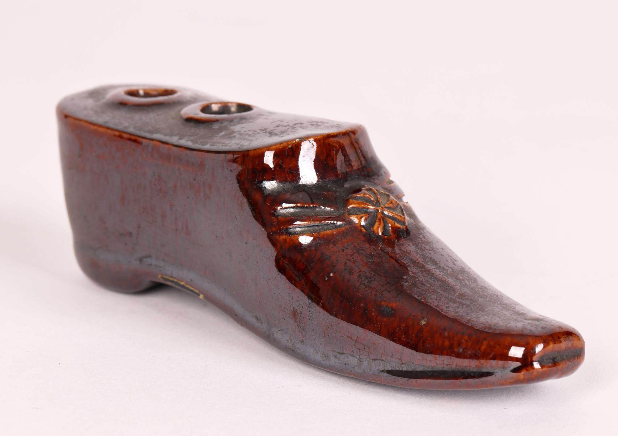 English Rockingham Treacle Glazed Stoneware Shoe Quill Pen Holder For Sale