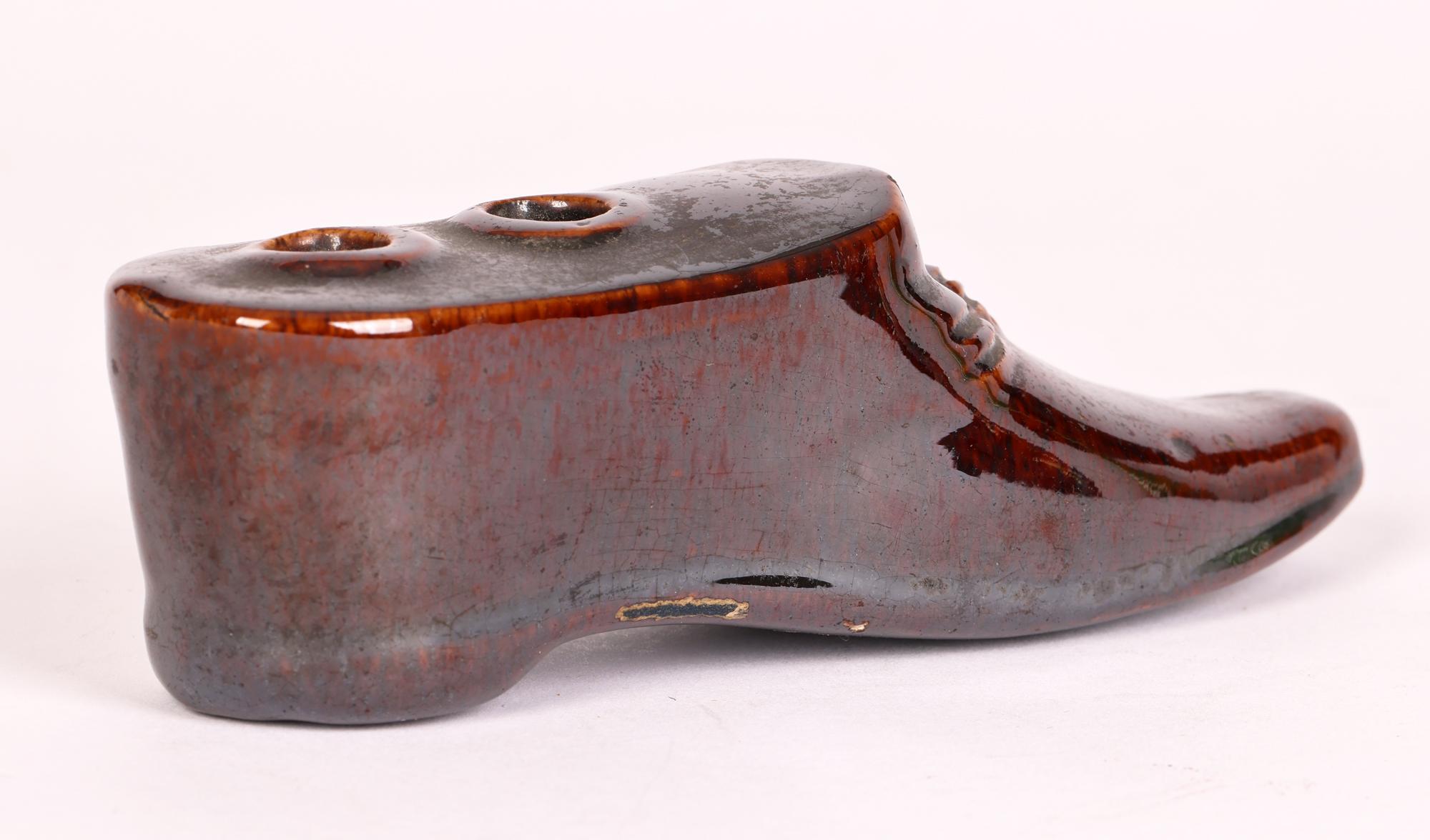 Mid-19th Century Rockingham Treacle Glazed Stoneware Shoe Quill Pen Holder For Sale