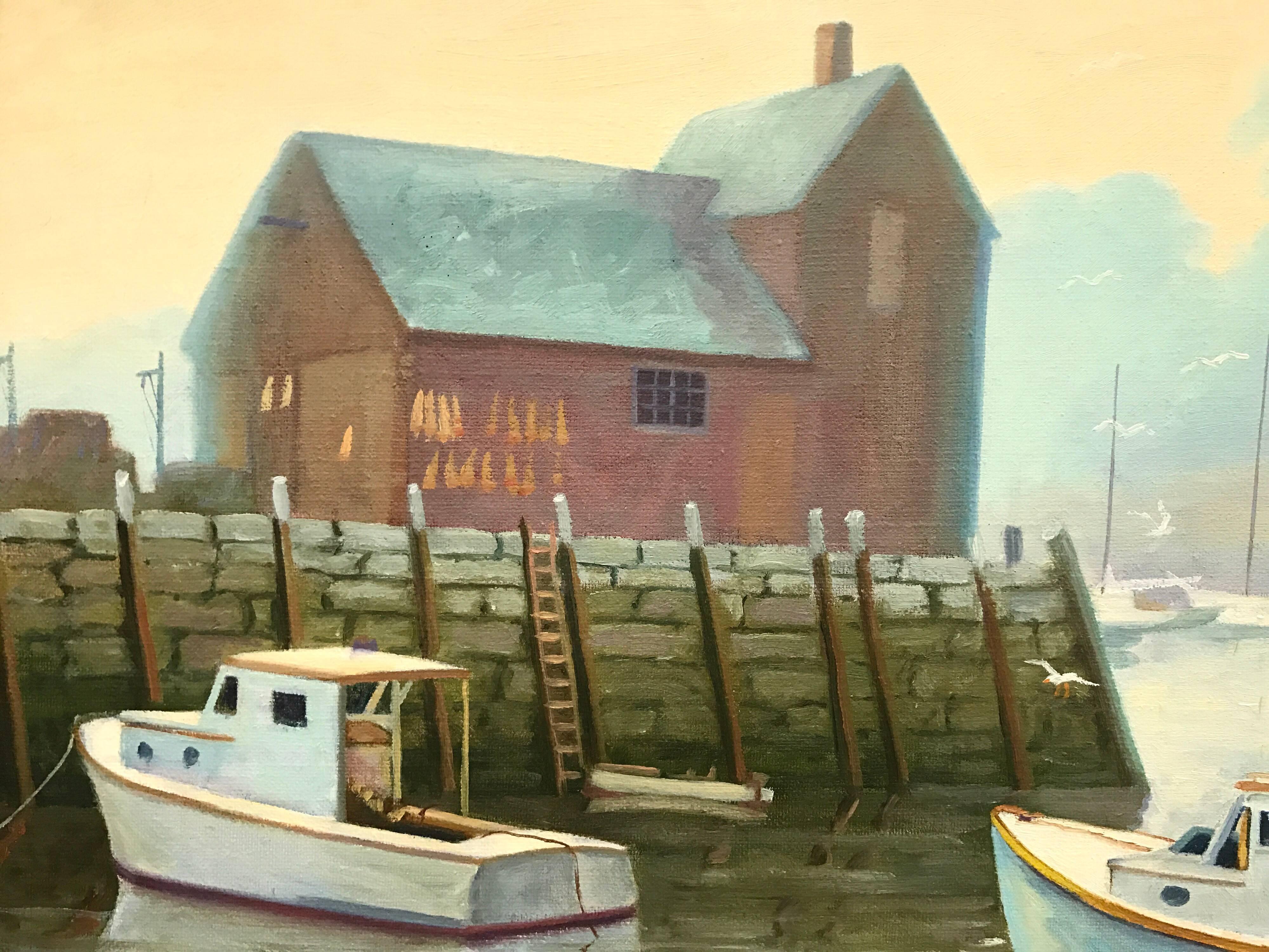 Rare peinture à l'huile d'Edward Tomasiewicz (1919-2006) représentant le premier motif:: Rockport:: Massachusetts. Si vous y êtes déjà allé:: vous savez à quel point cette partie de la côte de la Nouvelle-Angleterre est magnifique. La peinture est