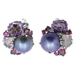 Améthyste, grenat rhodolite, grenat et tourmaline, boucle d'oreille Clips