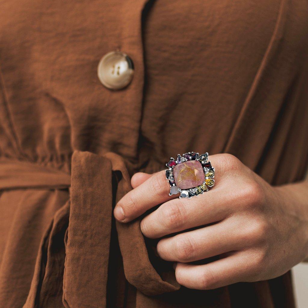 En vente :  Bague grappe rocheuse en or rutile, perle, rhodonite et citrine 5