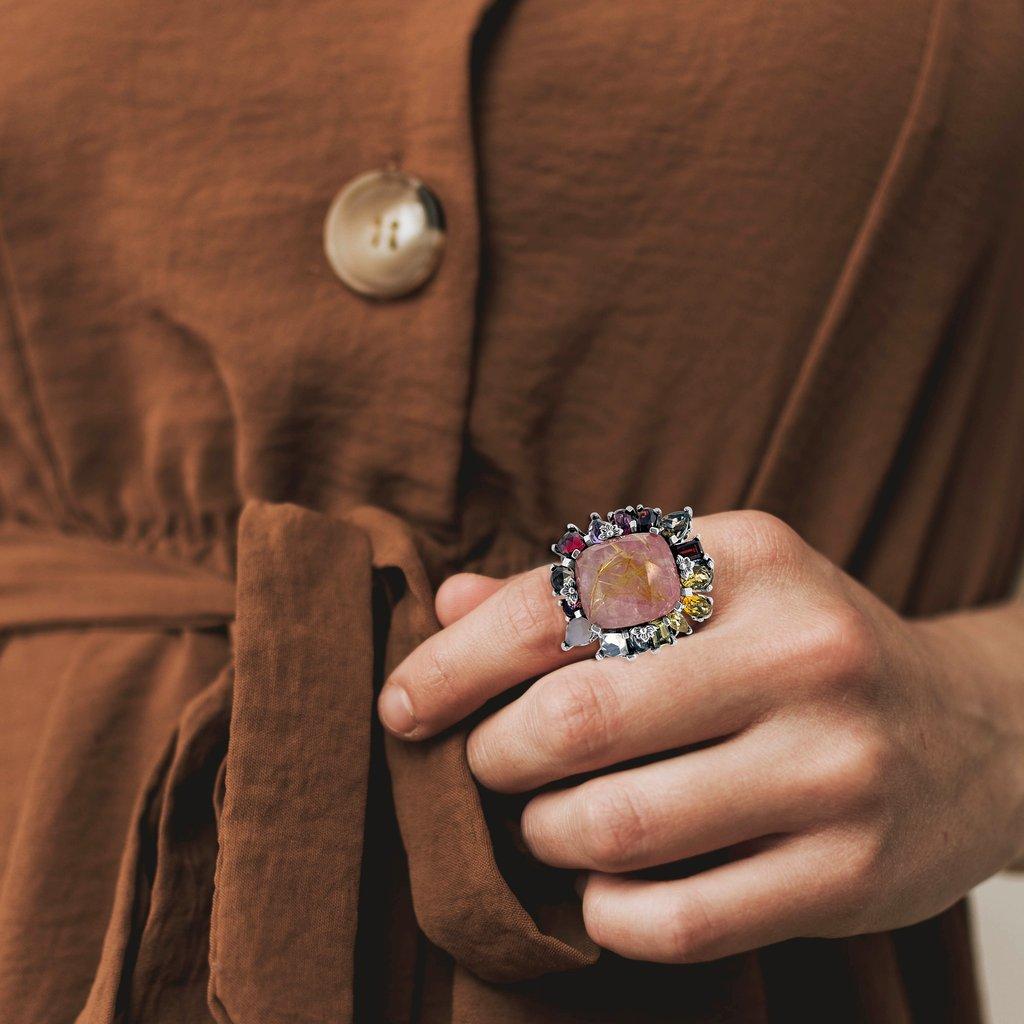 For Sale:  Rockrageous Gold Rutilated Quartz, Pearl, Rhodonite, Citrine Cluster Ring 5